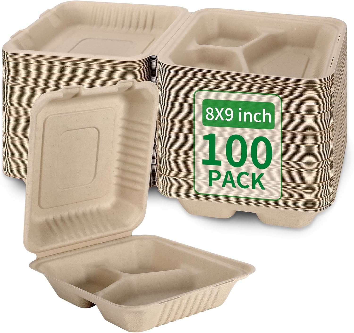 Aricsen 3 Compartment Clamshell Takeout Containers 8x9 Inch 100 Pack