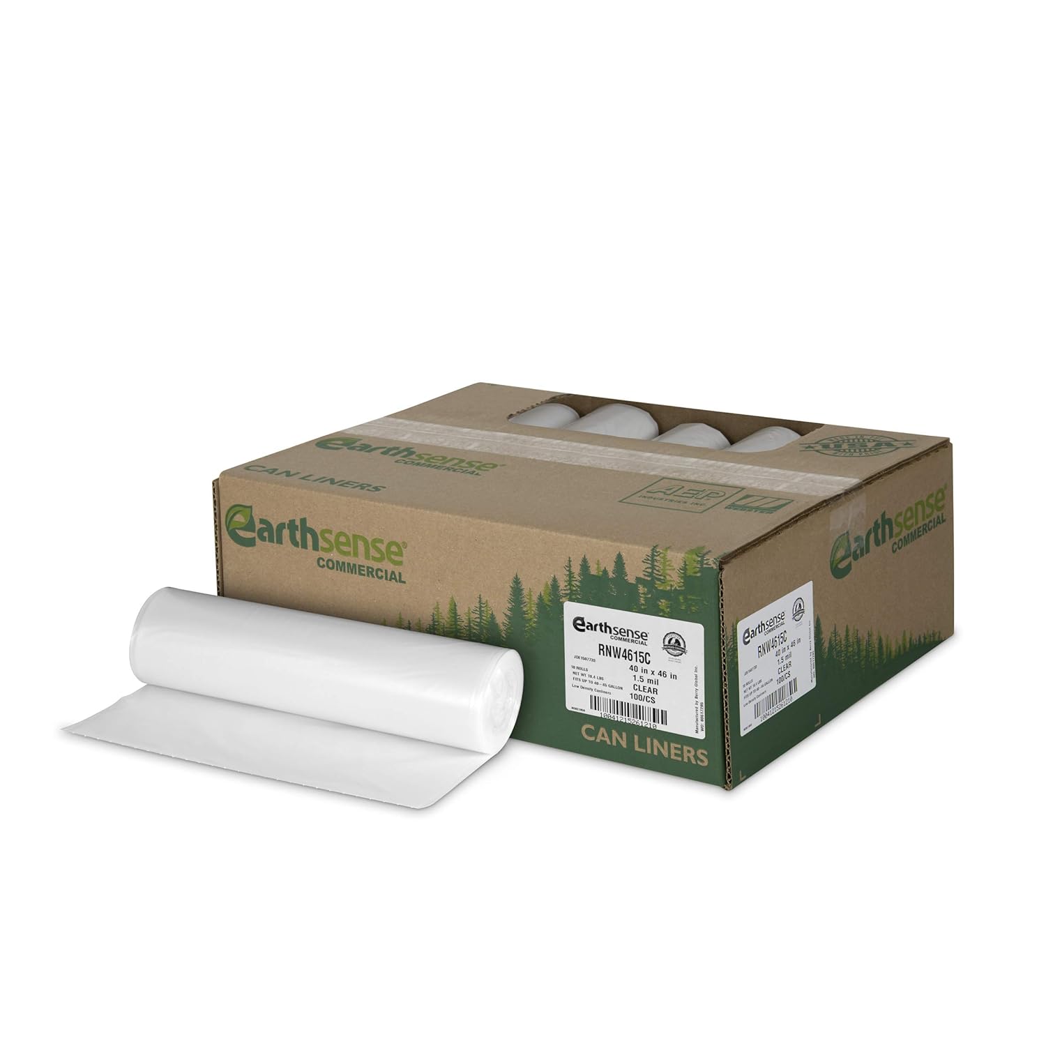 Earthsense Commercial RNW4615C Can Liner 40-45 Gal Clear 100 Pack