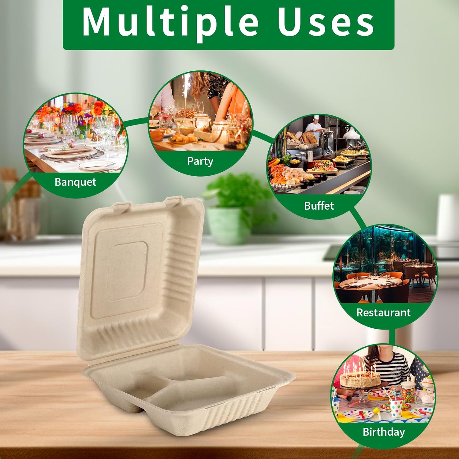 Aricsen 3 Compartment Clamshell Takeout Containers 8x9 Inch 100 Pack