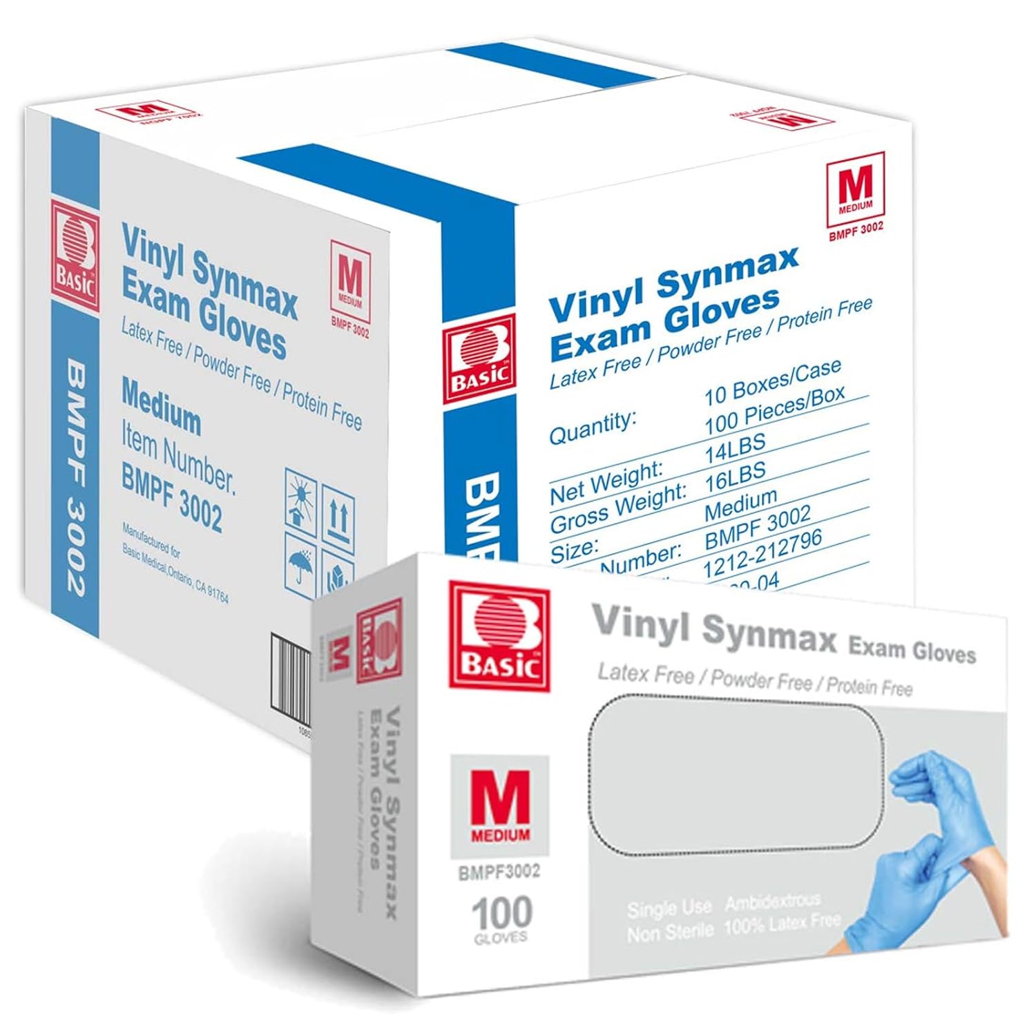 Basic Medical Synmax Vinyl Exam Gloves - Latex-Free Powder-Free Medium BMPF-3002