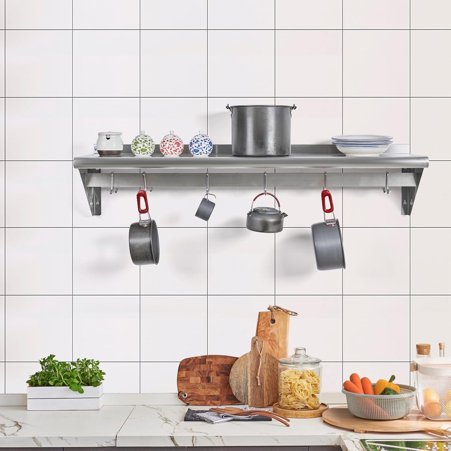 HALLY Stainless Steel Shelf with 6 Hooks 14x48 Wall Mount Pot Rack