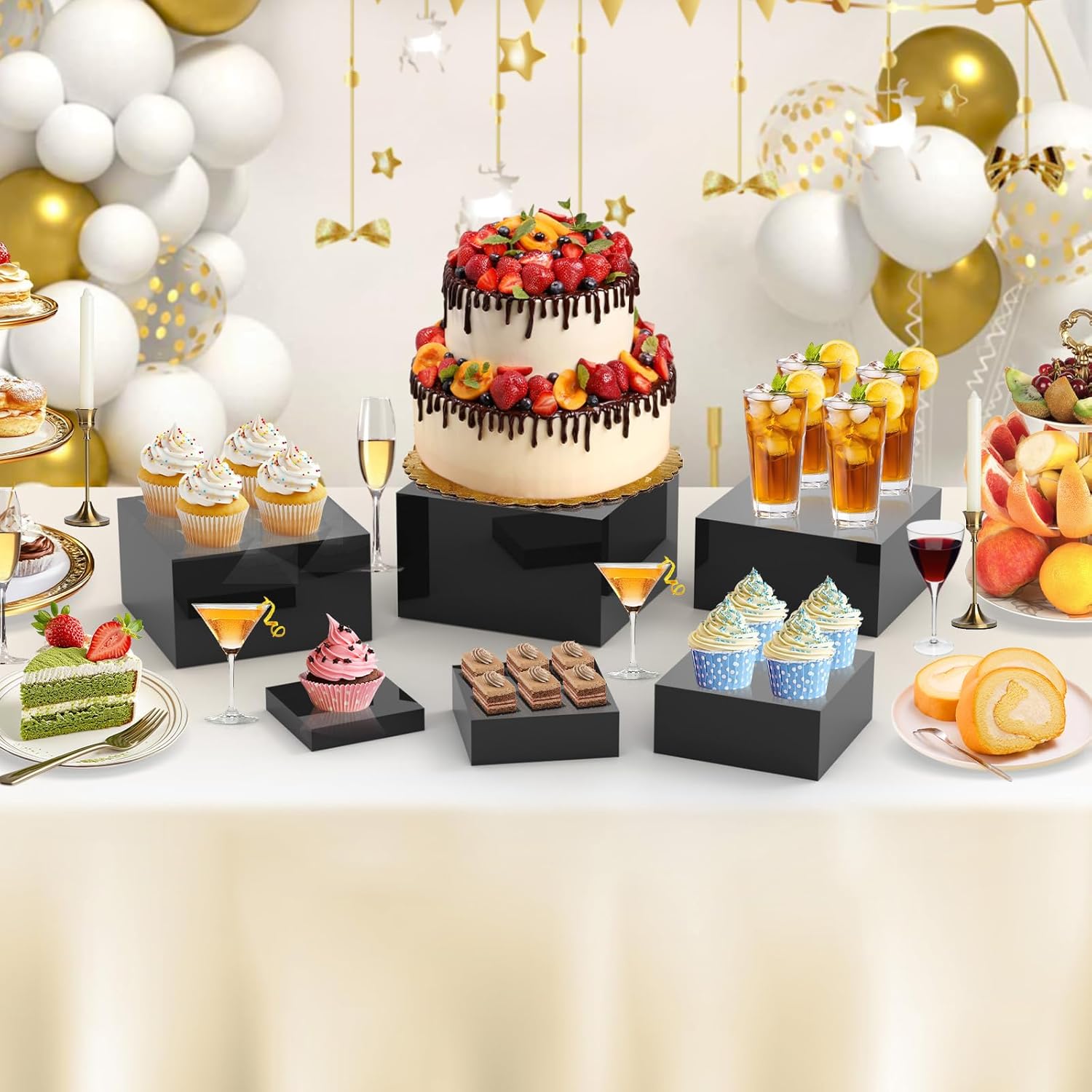 6 Pcs Buffet Risers with Hollow Bottoms Black Set
