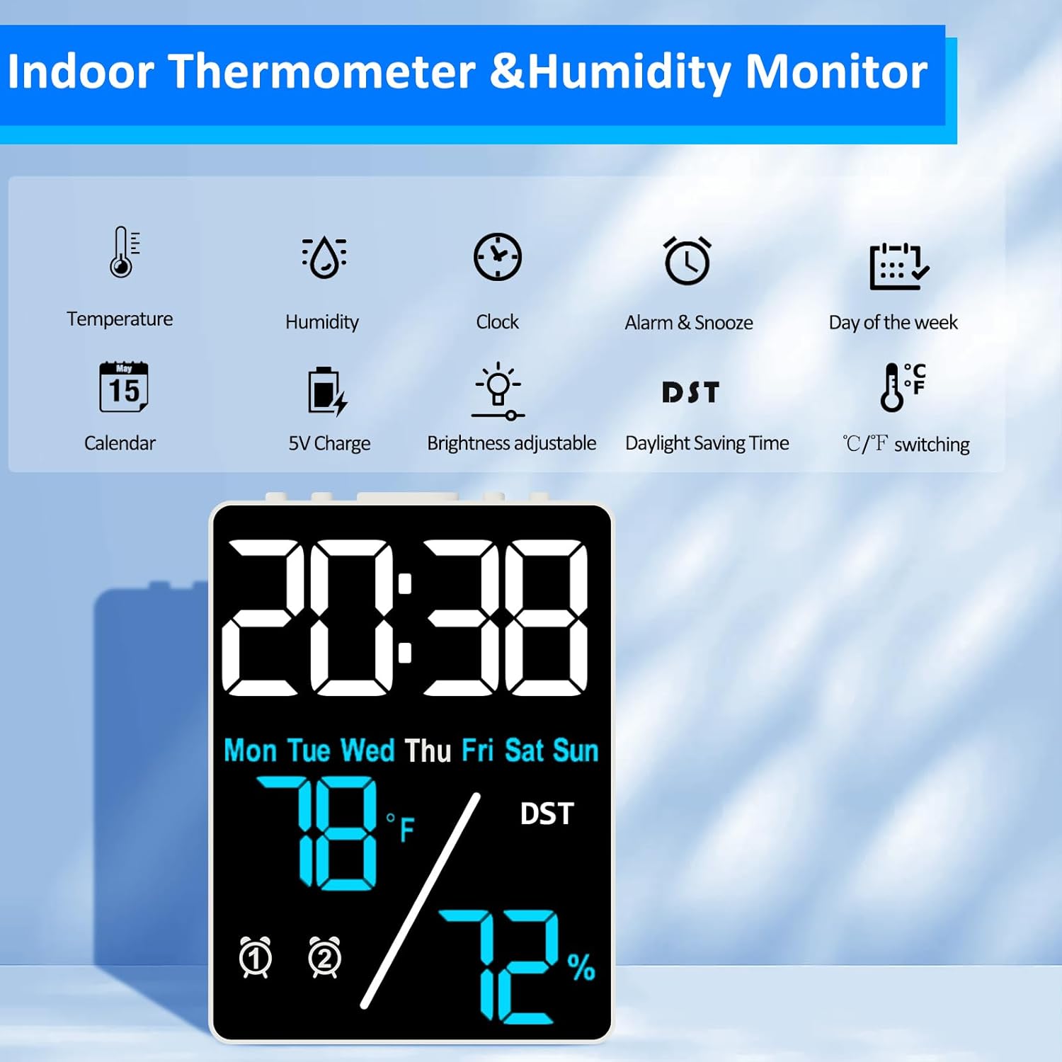 55 Inch Digital Thermometer Hygrometer Alarm Clock for Desk and Home