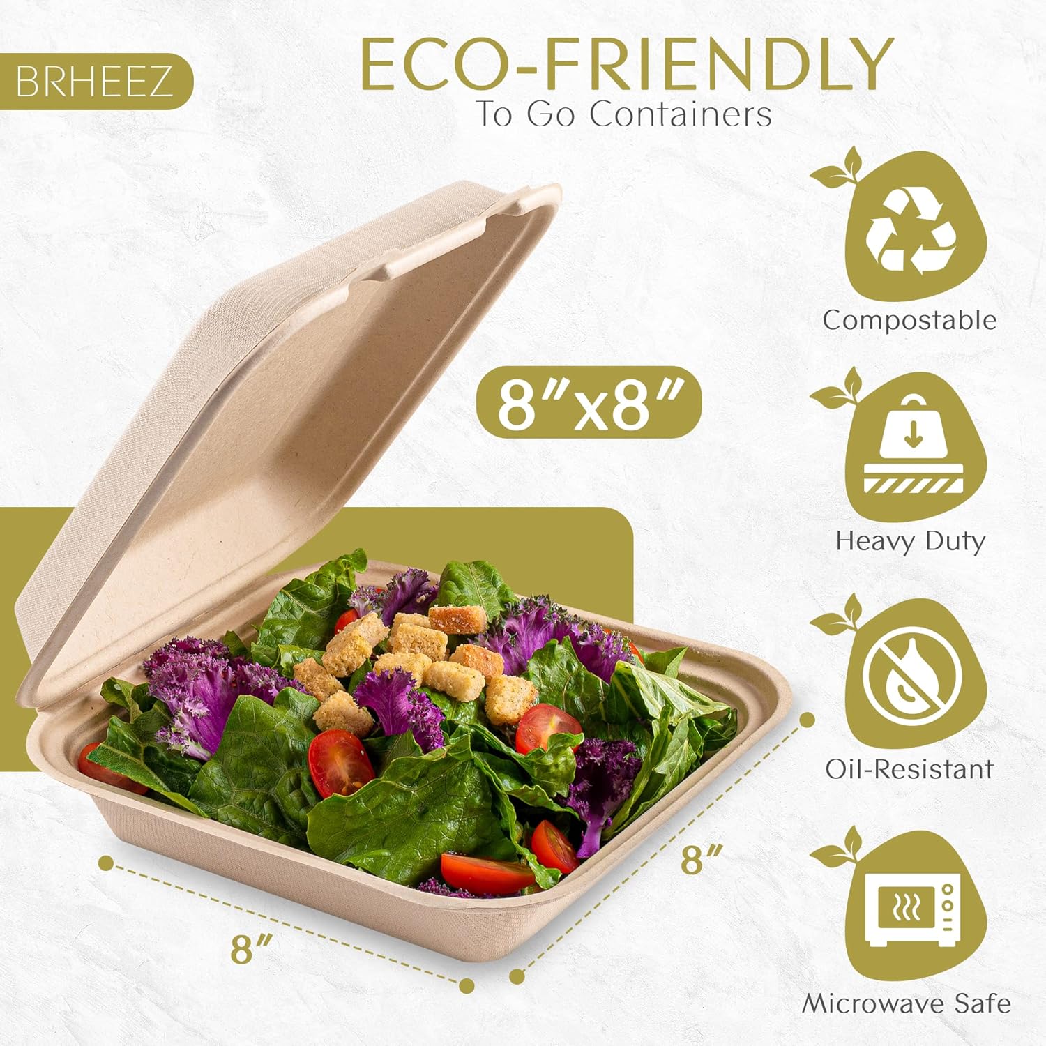 Brheez Disposable Clamshell Containers Biodegradable 8x8 1 Compartment Pack of 50