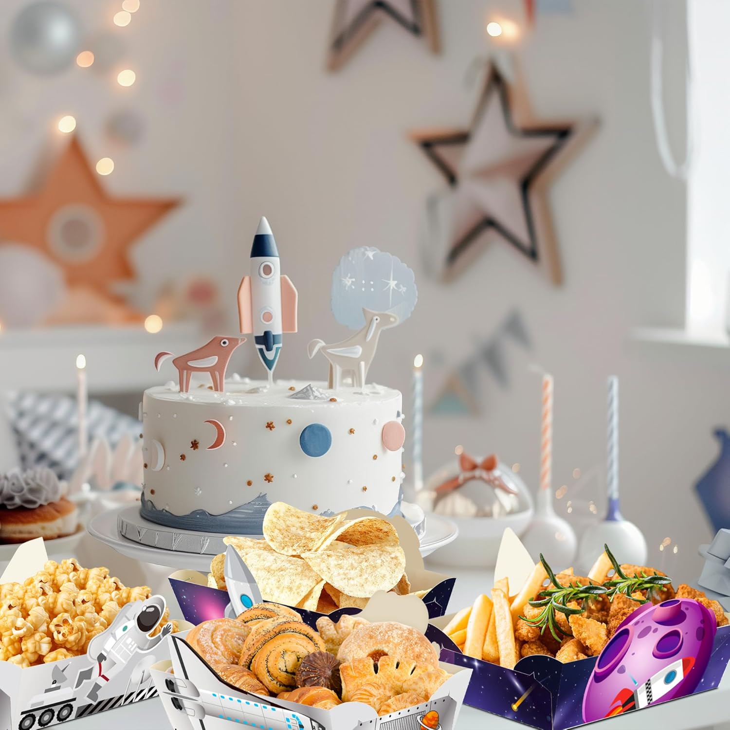 24Pcs Space Themed Paper Food Trays - Rocket and Astronaut Serving Bowls