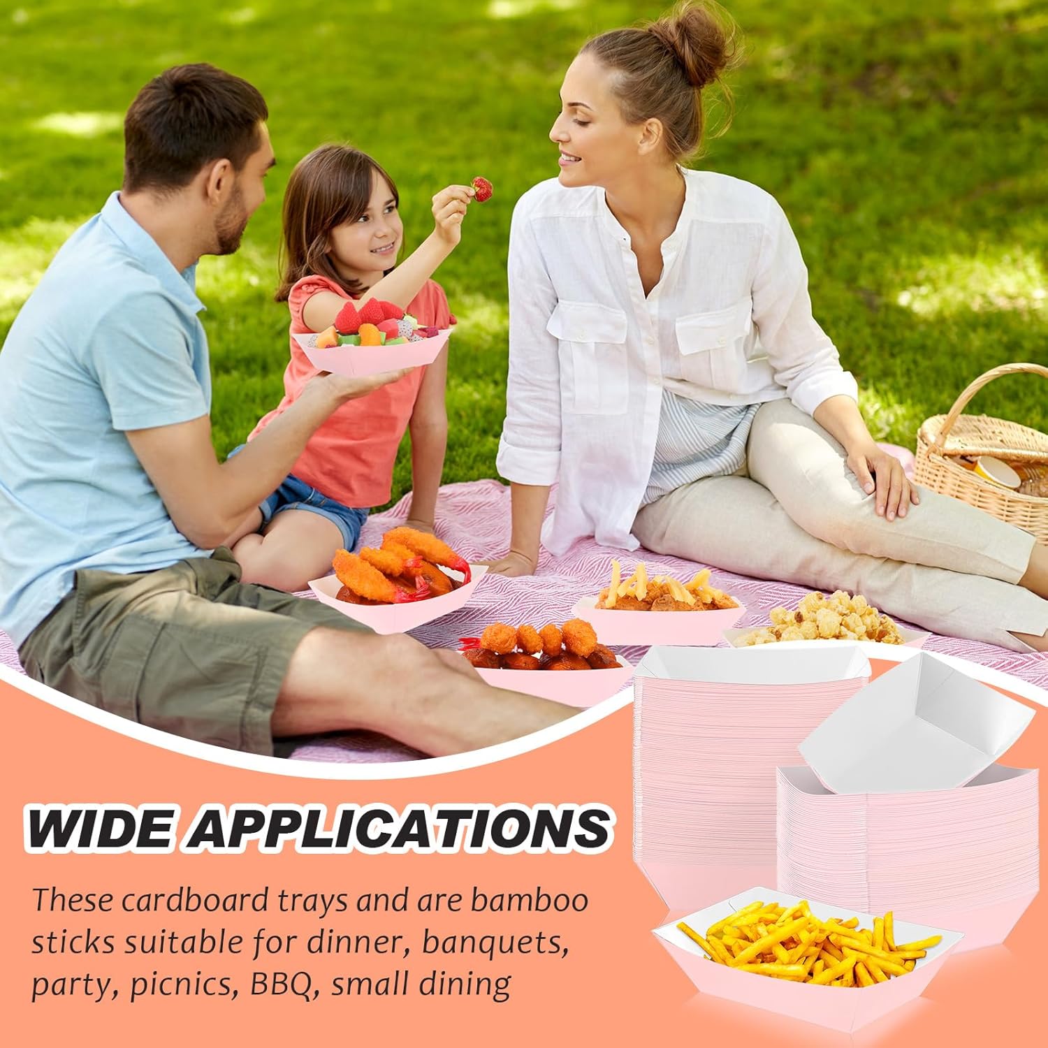 Yinkin 100 Pcs Light Pink Food Trays Boat 2lb Disposable Nacho Trays Kraft Paper Boat for Tacos Party Supplies