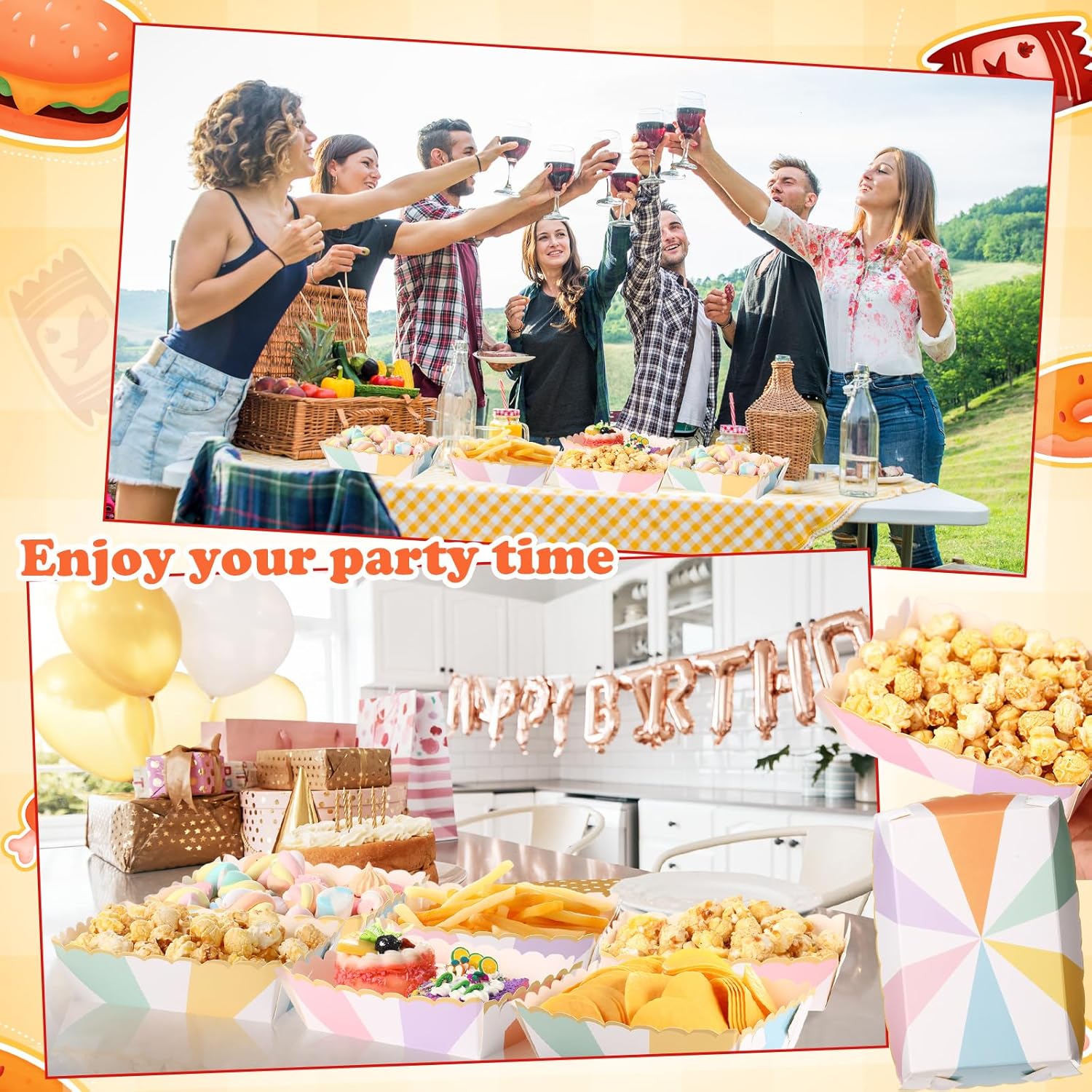 30 Pcs Pastel Striped Food Trays with Gold Foil Edge