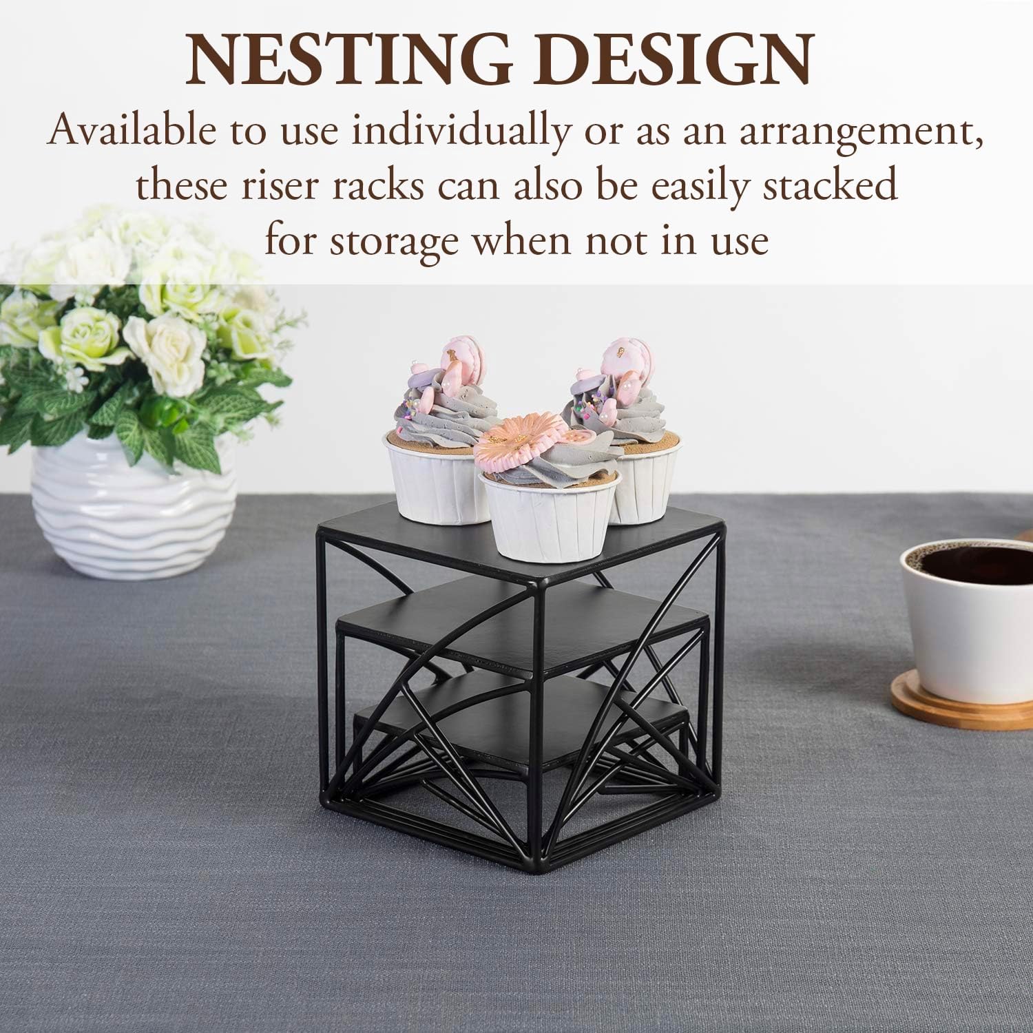 MyGift 3Pc Food Display Risers Set Matte Black Metal Serving Stands