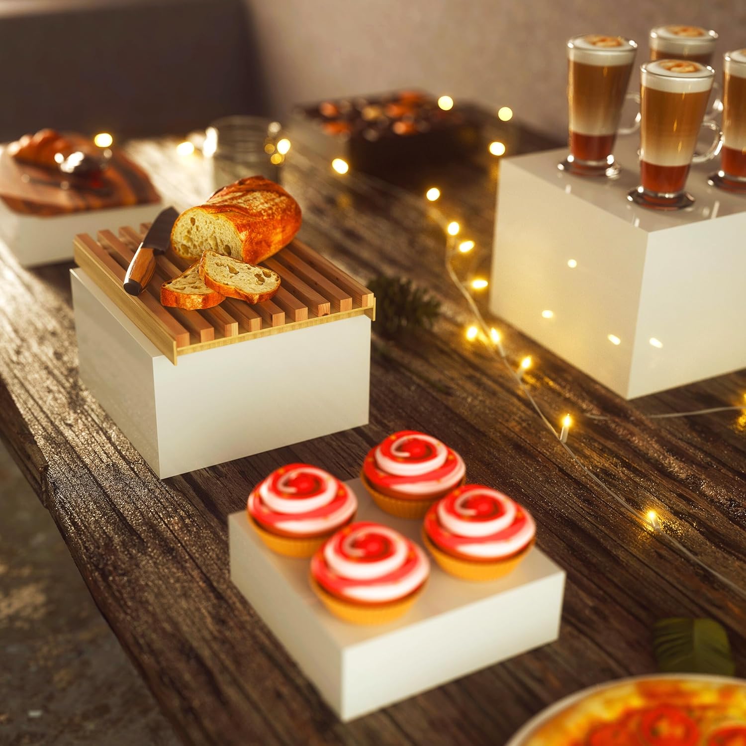 8 Buffet Risers with Mini Signs White Set of 8 Boxes