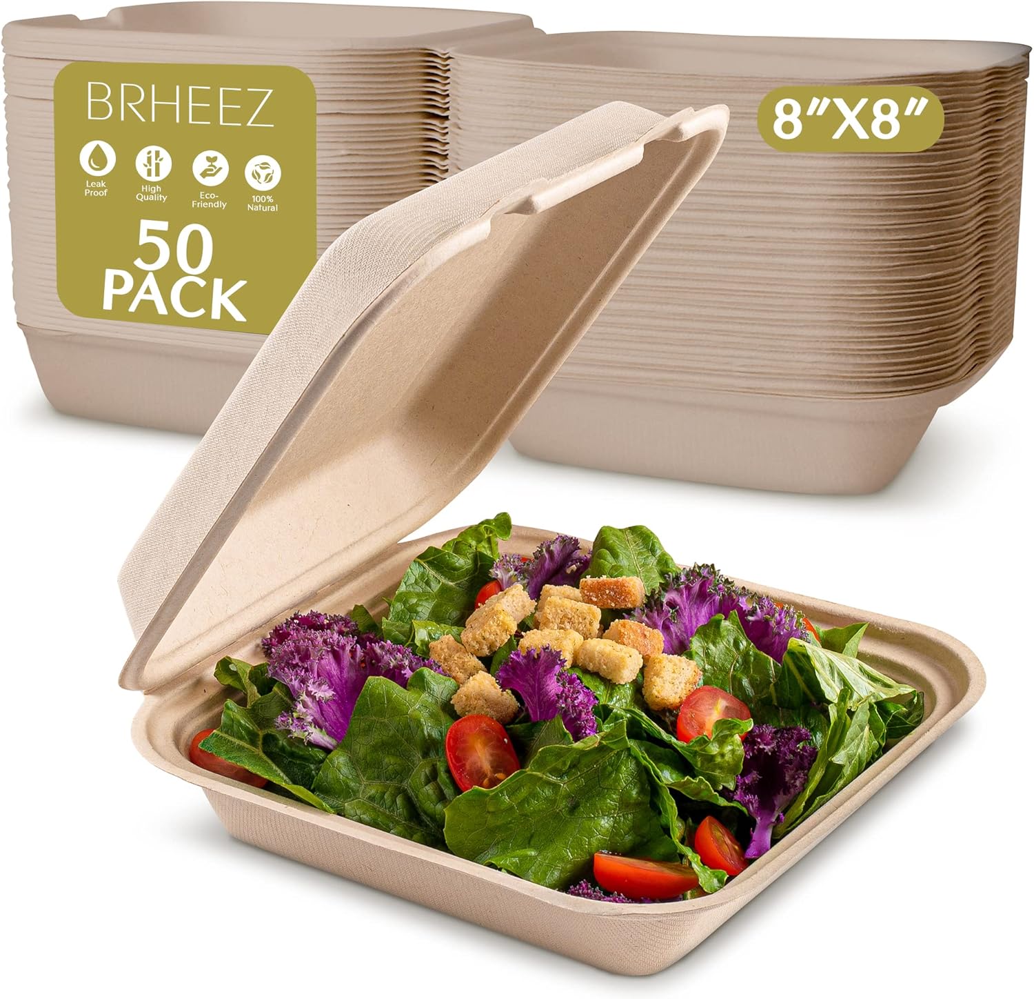 Brheez Disposable Clamshell Containers Biodegradable 8x8 1 Compartment Pack of 50
