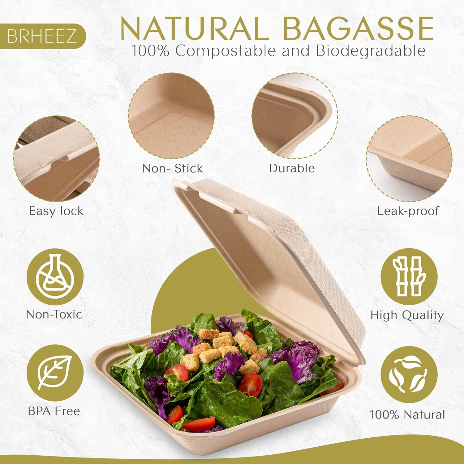 Brheez Disposable Clamshell Containers Biodegradable 8x8 1 Compartment Pack of 50