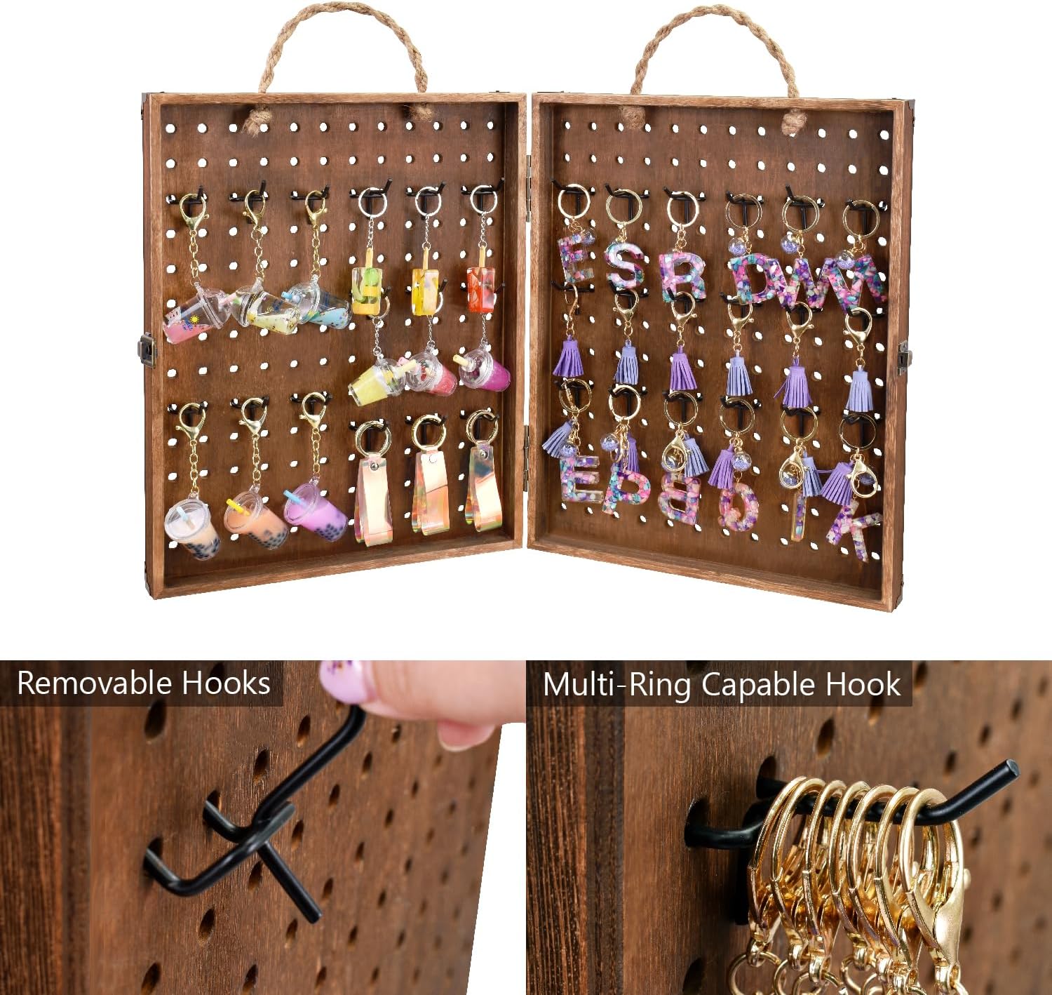 MOOCA 2 Panel Pegboard Jewelry Display Organizer with 48 Hooks and Rope Handle