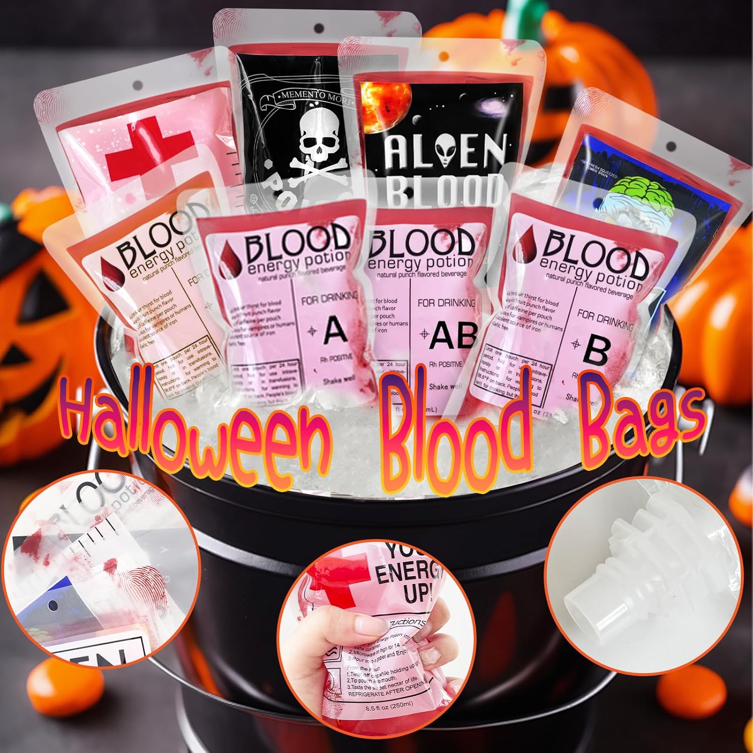 40 Pcs Halloween Blood Bags for Drinks Reusable with Funnel
