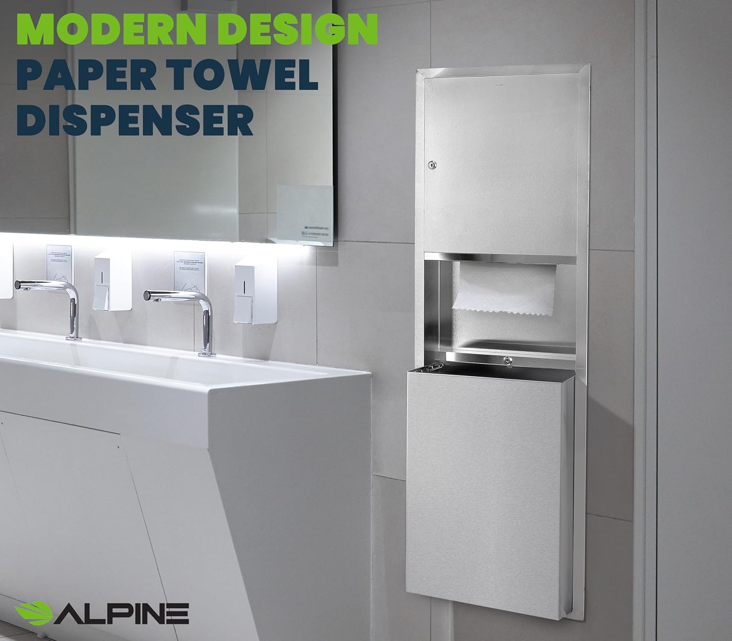 Alpine Recessed Paper Towel Dispenser with 12 Gallon Trash Can Stainless Steel