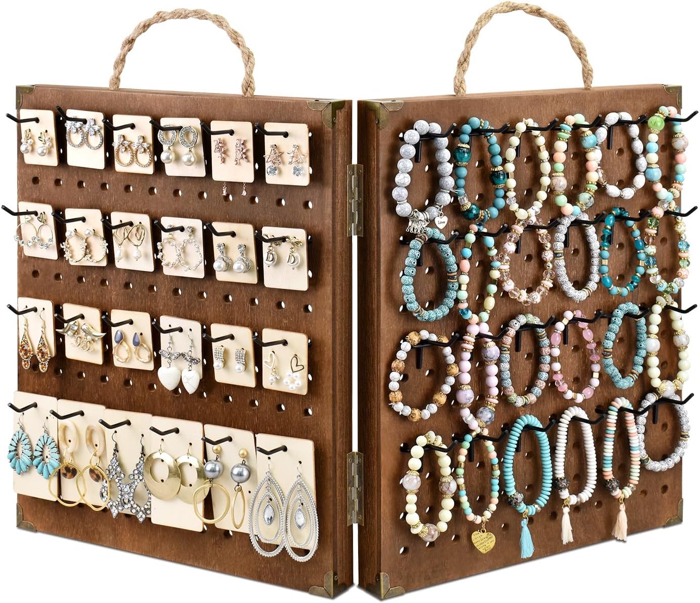 MOOCA 2 Panel Pegboard Jewelry Display Organizer with 48 Hooks and Rope Handle