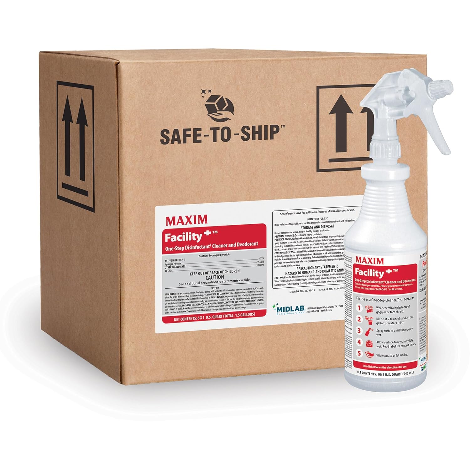 Midlab Maxim Facility Disinfectant Cleaner Deodorant 1 Quart Pack of 6