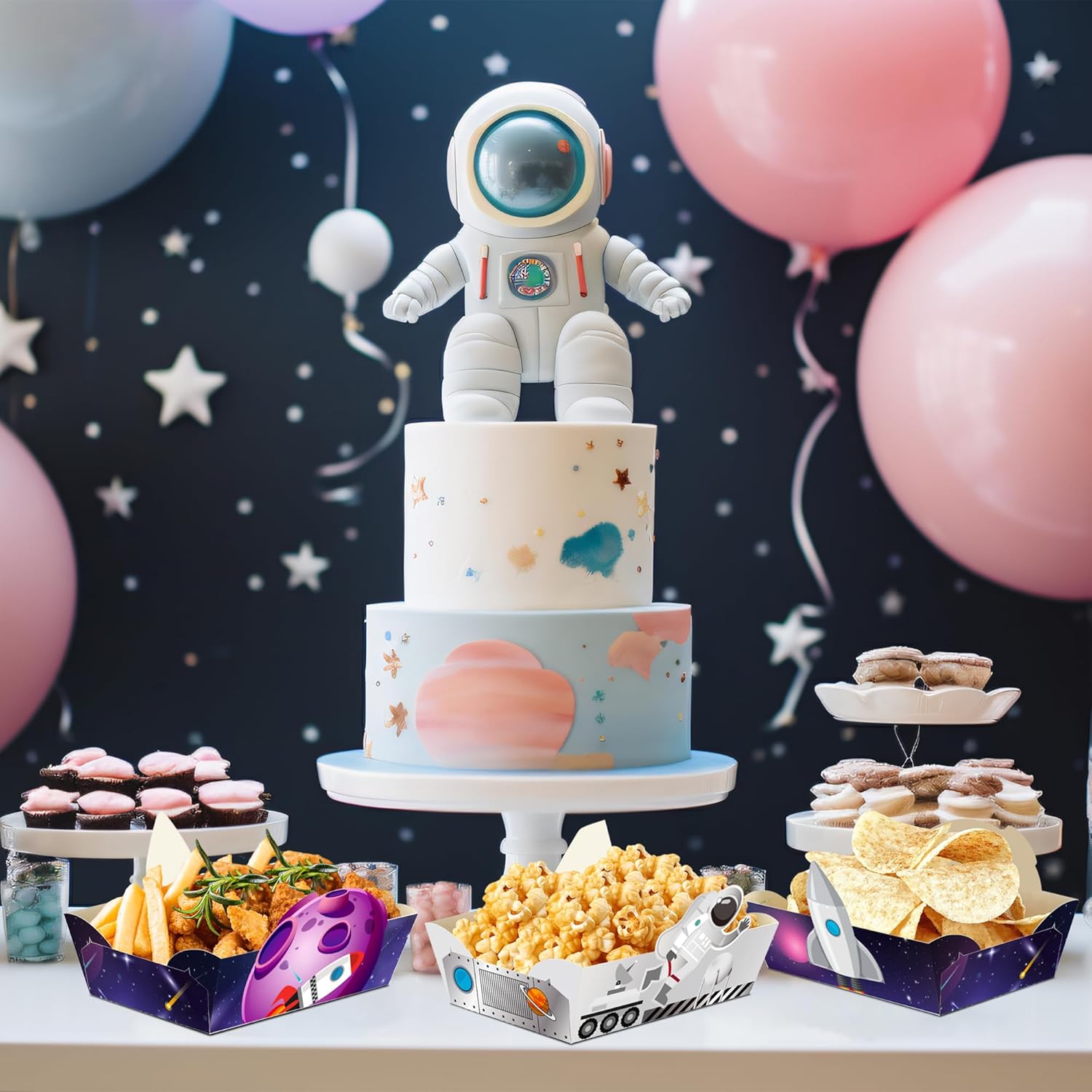 24Pcs Space Themed Paper Food Trays - Rocket and Astronaut Serving Bowls