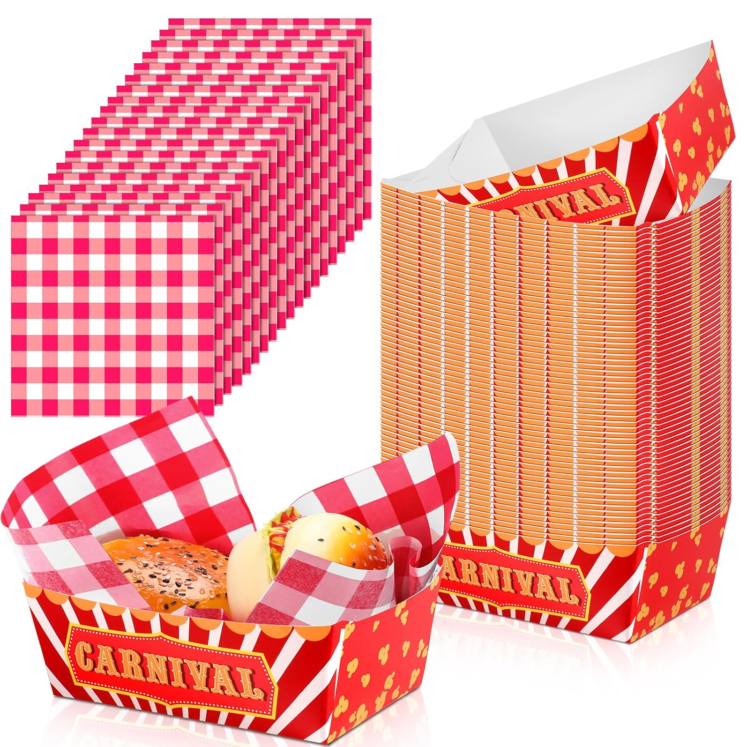 100 Pcs Carnival Food Trays with Waxed Paper for Parties
