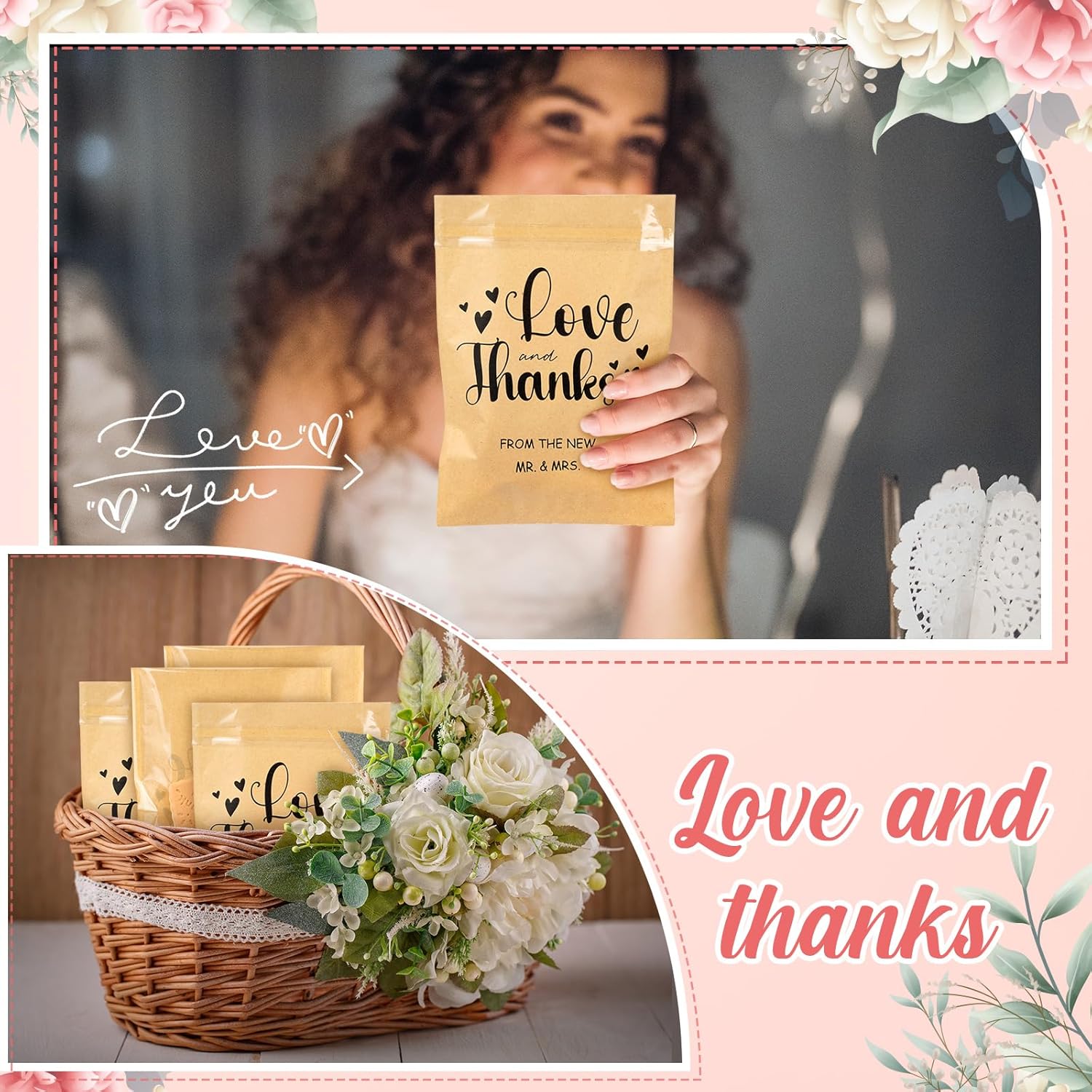 100 Pcs Clear Wedding Cookie Bags with Thank You Kraft Paper