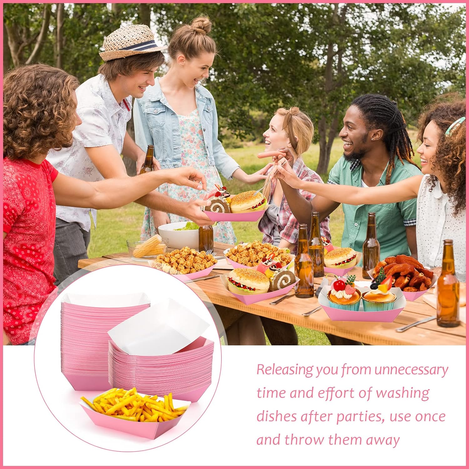 Yinkin 100 Pcs Pink Kraft Paper Food Trays Boat for Tacos and Snacks