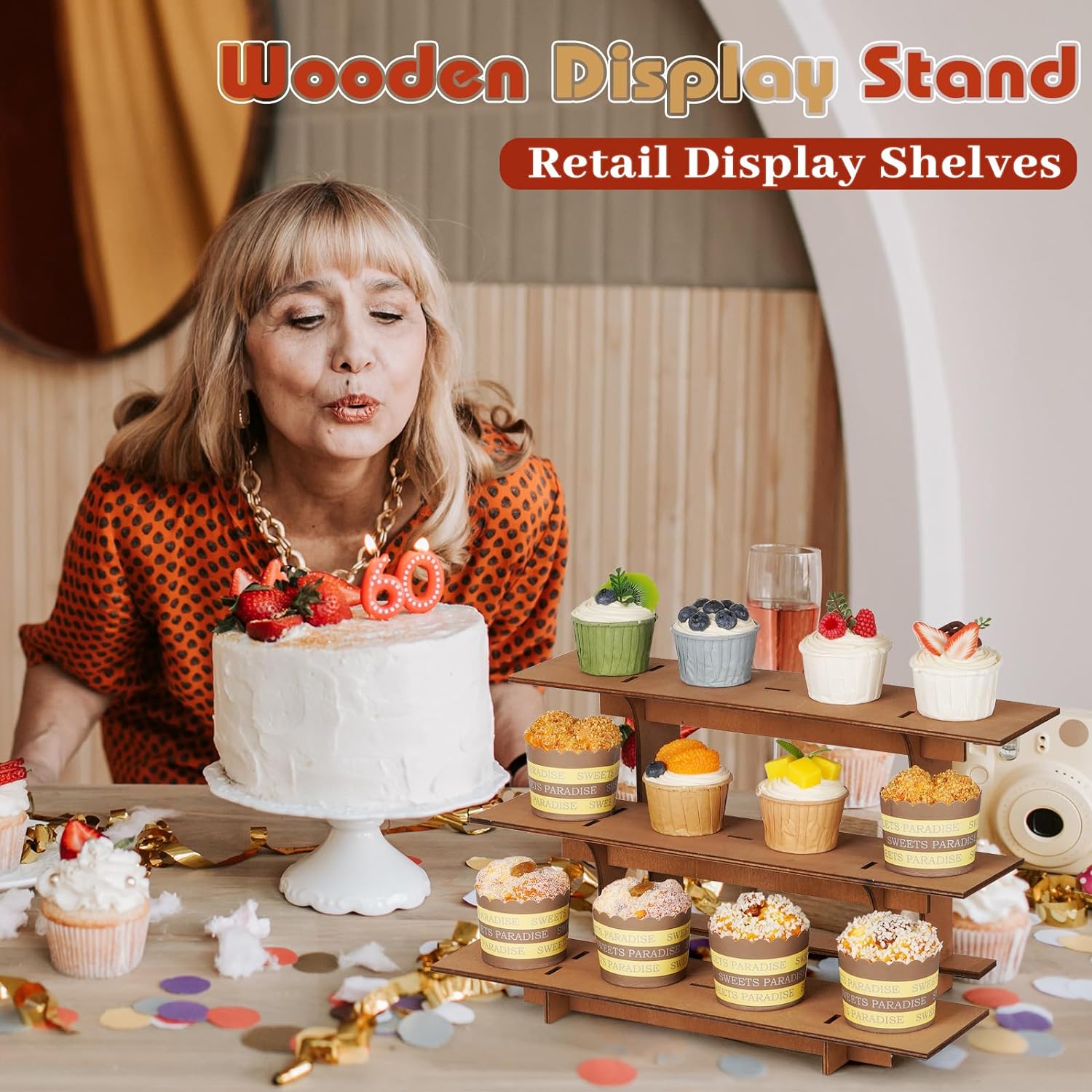 3 Tier Wooden Display Shelf Corner Straight Racks for Retail Farmers Market and Events