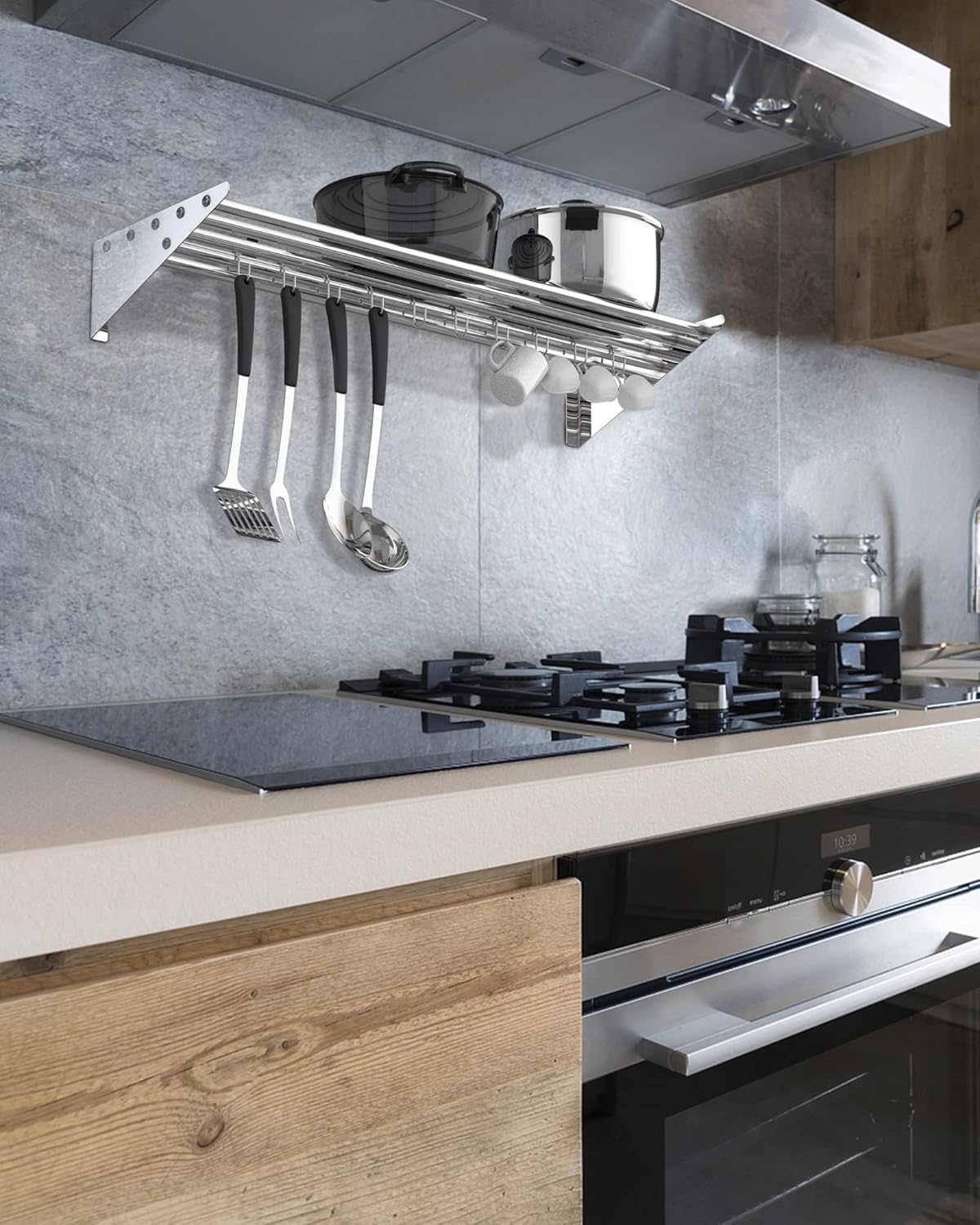 EcoExplorer Stainless Steel Wall Shelf with 10 Hooks