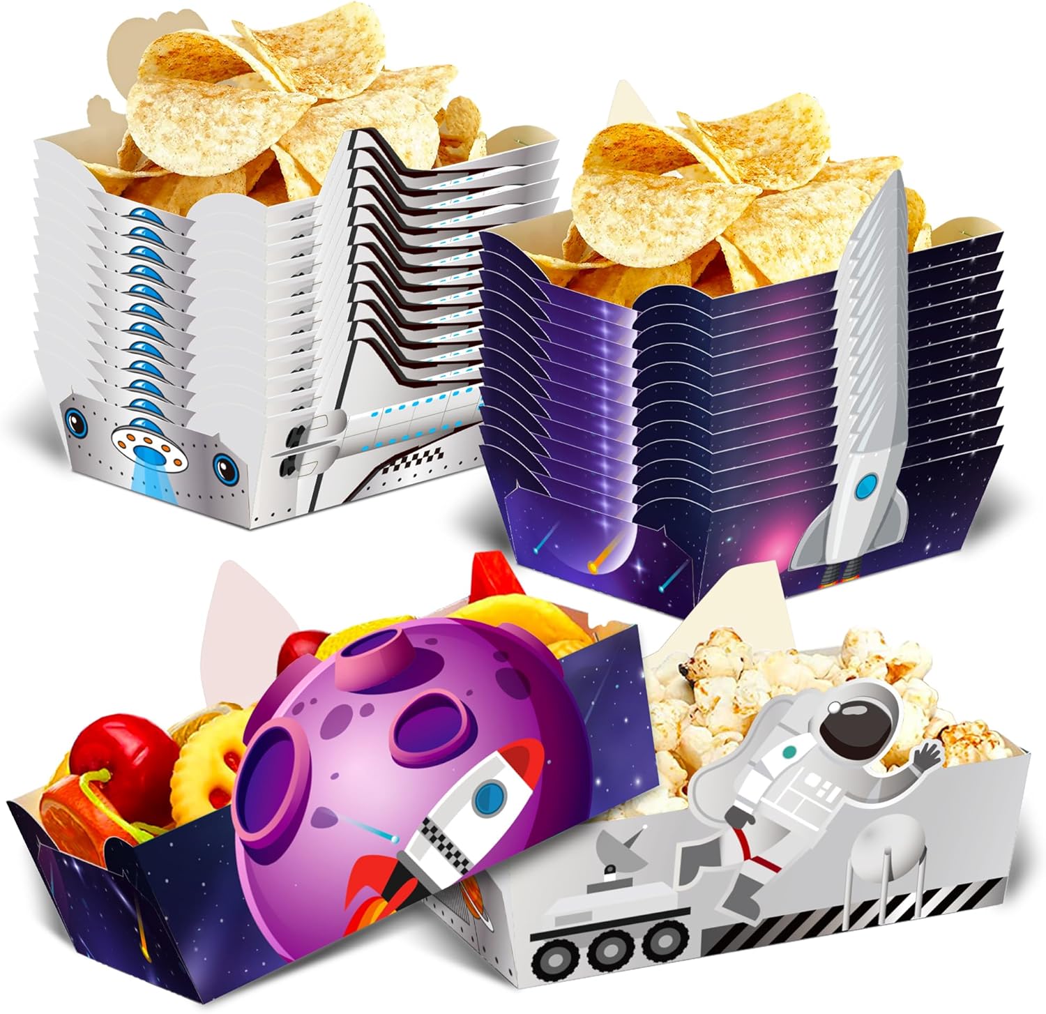 24Pcs Space Themed Paper Food Trays - Rocket and Astronaut Serving Bowls
