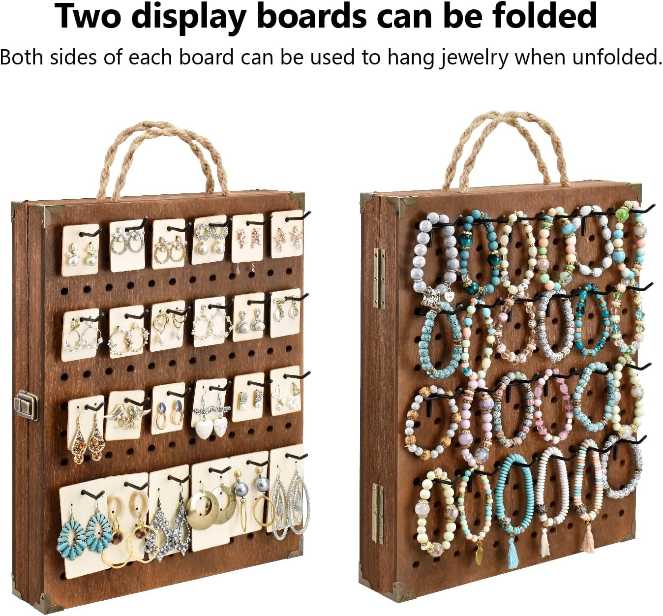 MOOCA 2 Panel Pegboard Jewelry Display Organizer with 48 Hooks and Rope Handle