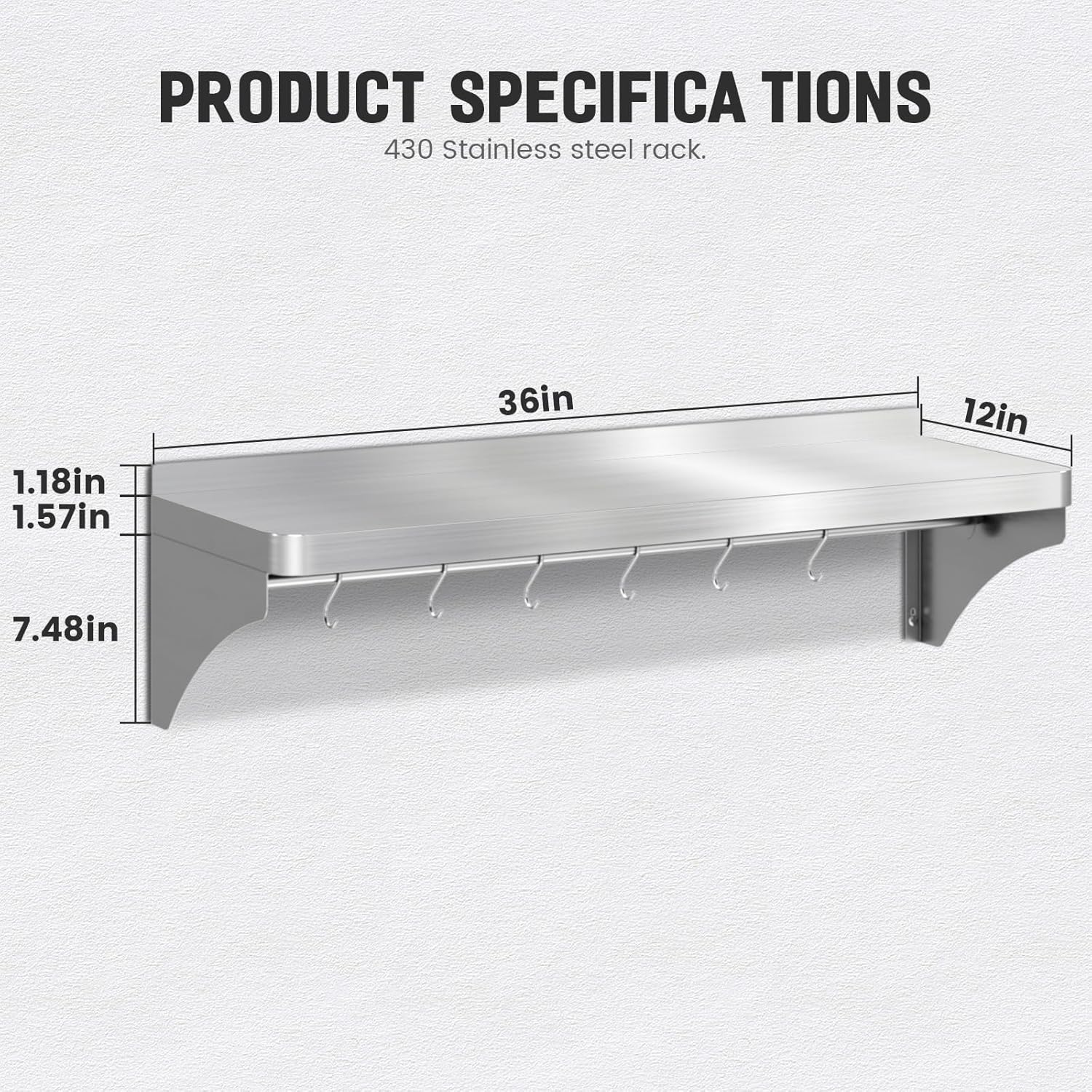 VENFAN 12x36 Stainless Steel Wall Shelf