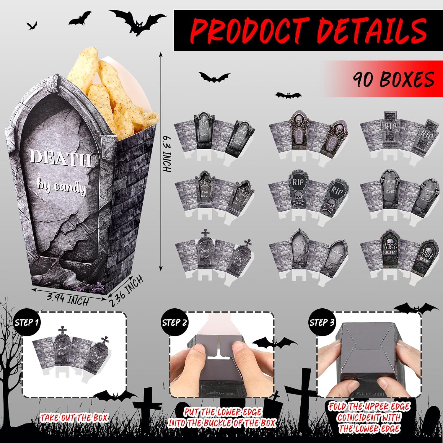 Weekgrat 90 Pcs Halloween Popcorn Boxes with Tombstone Designs