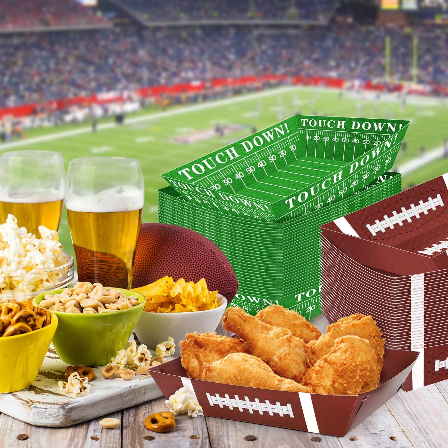 50Pcs Football Party Plates with 2 Patterns 5lb Serving Trays Football Decor for Gameday Birthday and Tailgate Parties