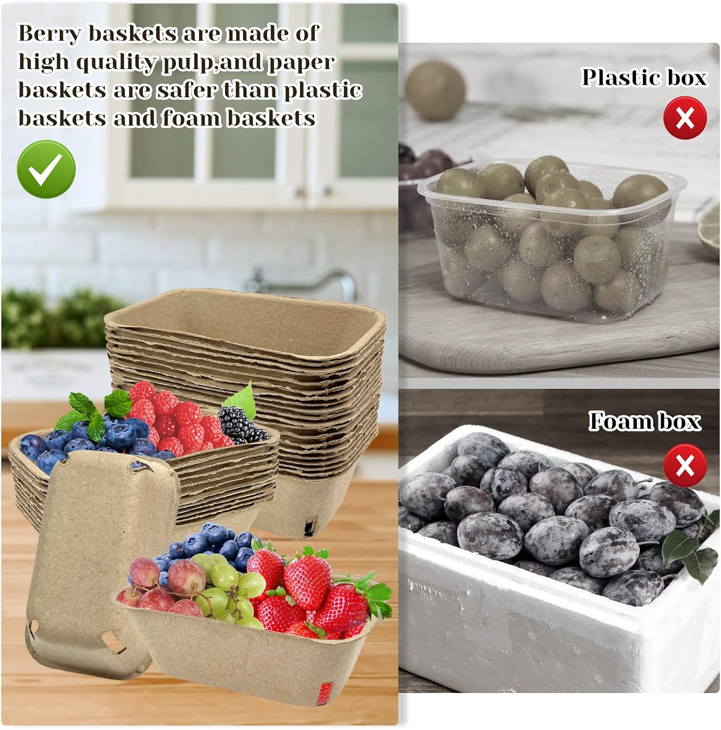 Rainmae 30 Pack Large Berry Pulp Fiber Baskets for Fruit and Vegetable Display