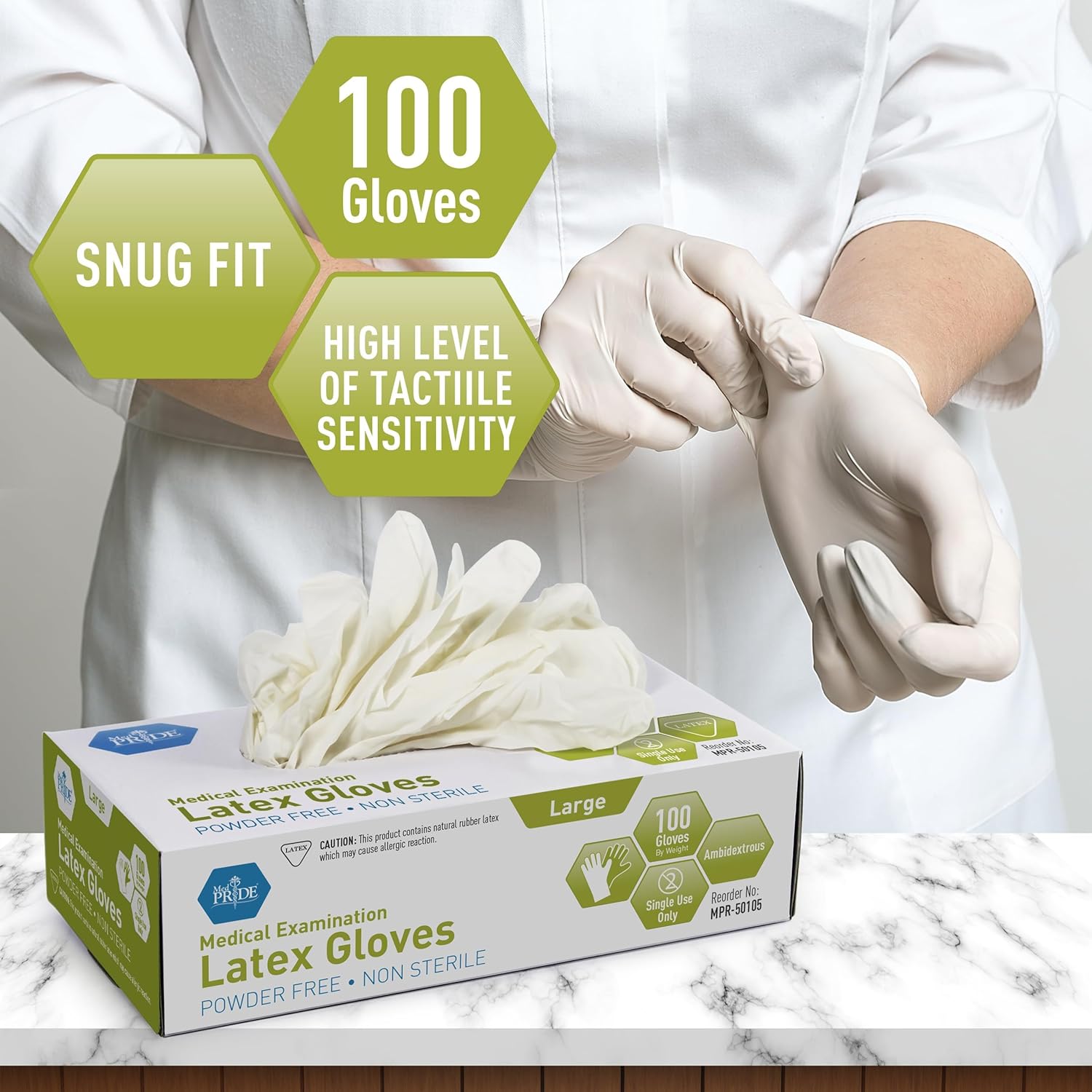 MedPride Powder-Free Latex Exam Gloves Large Box of 100