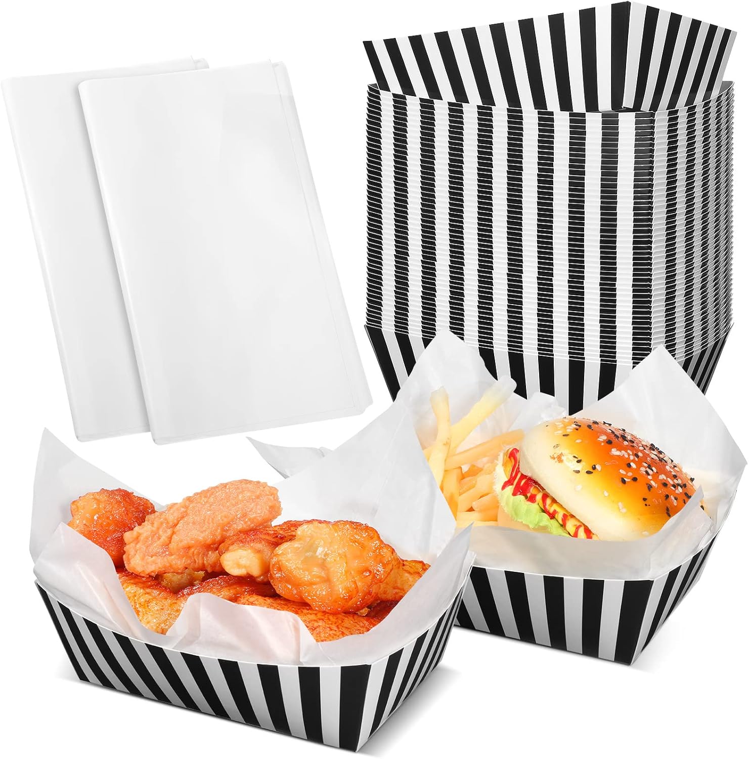 Rtteri 50 Pcs Black and White Striped Food Trays for Parties