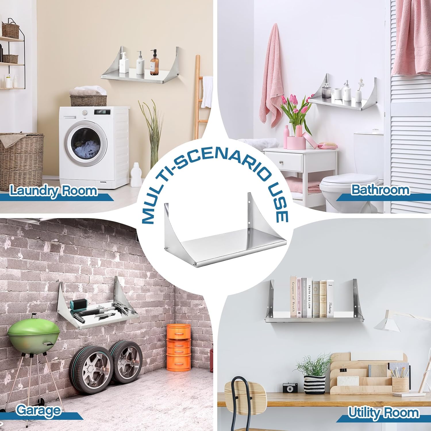 Blulu Stainless Steel Wall Shelf with Side Guards 24x12 Inch Heavy Duty Commercial Kitchen Storage Rack