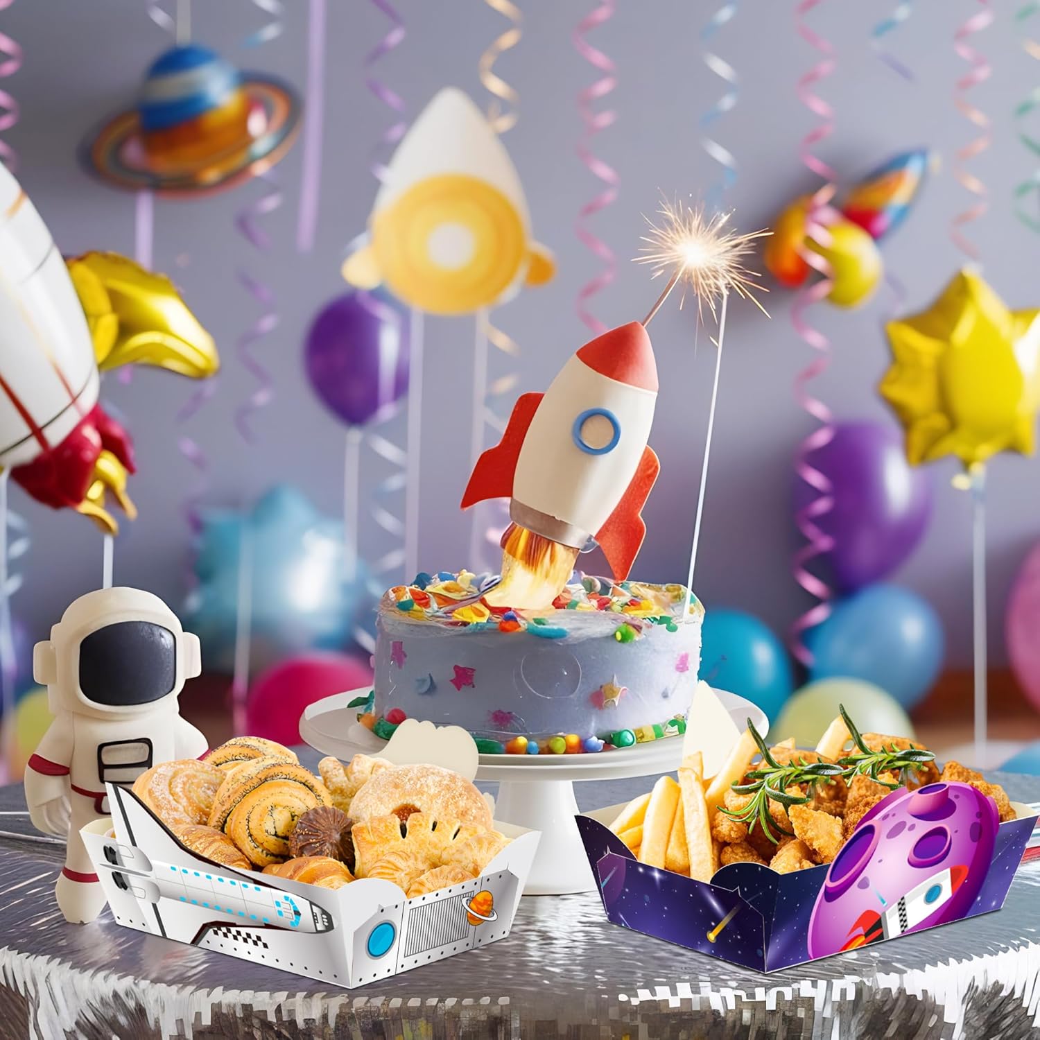 24Pcs Space Themed Paper Food Trays - Rocket and Astronaut Serving Bowls