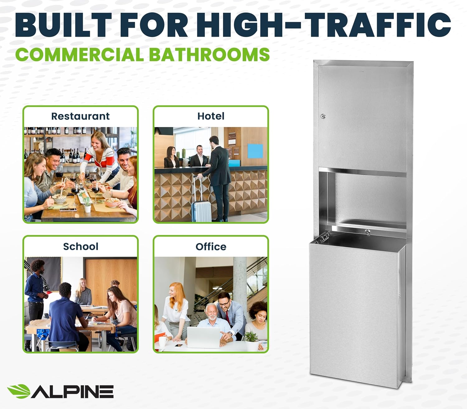 Alpine Recessed Paper Towel Dispenser with 12 Gallon Trash Can Stainless Steel