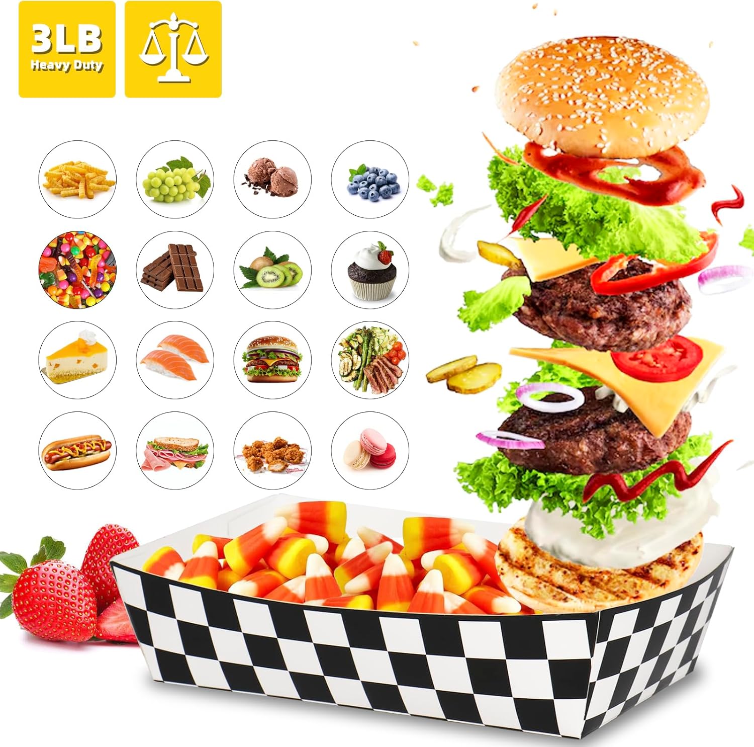 KERINGO 50 Pack Checkered Paper Food Trays 3Lb Race Car Birthday Party Supplies