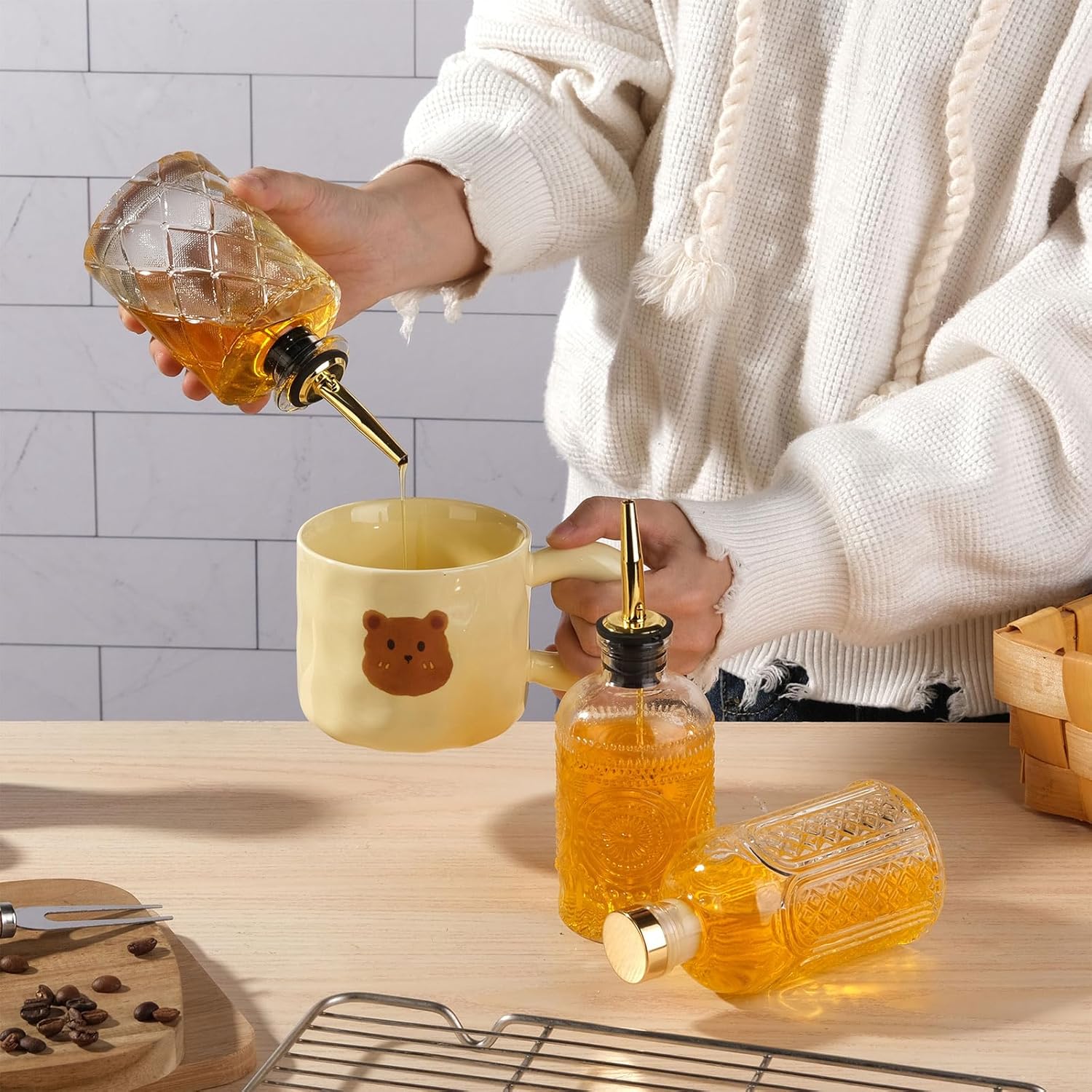 WHJY 3 Pack Small Syrup Dispenser with Pour Spout and Cleaning Tools