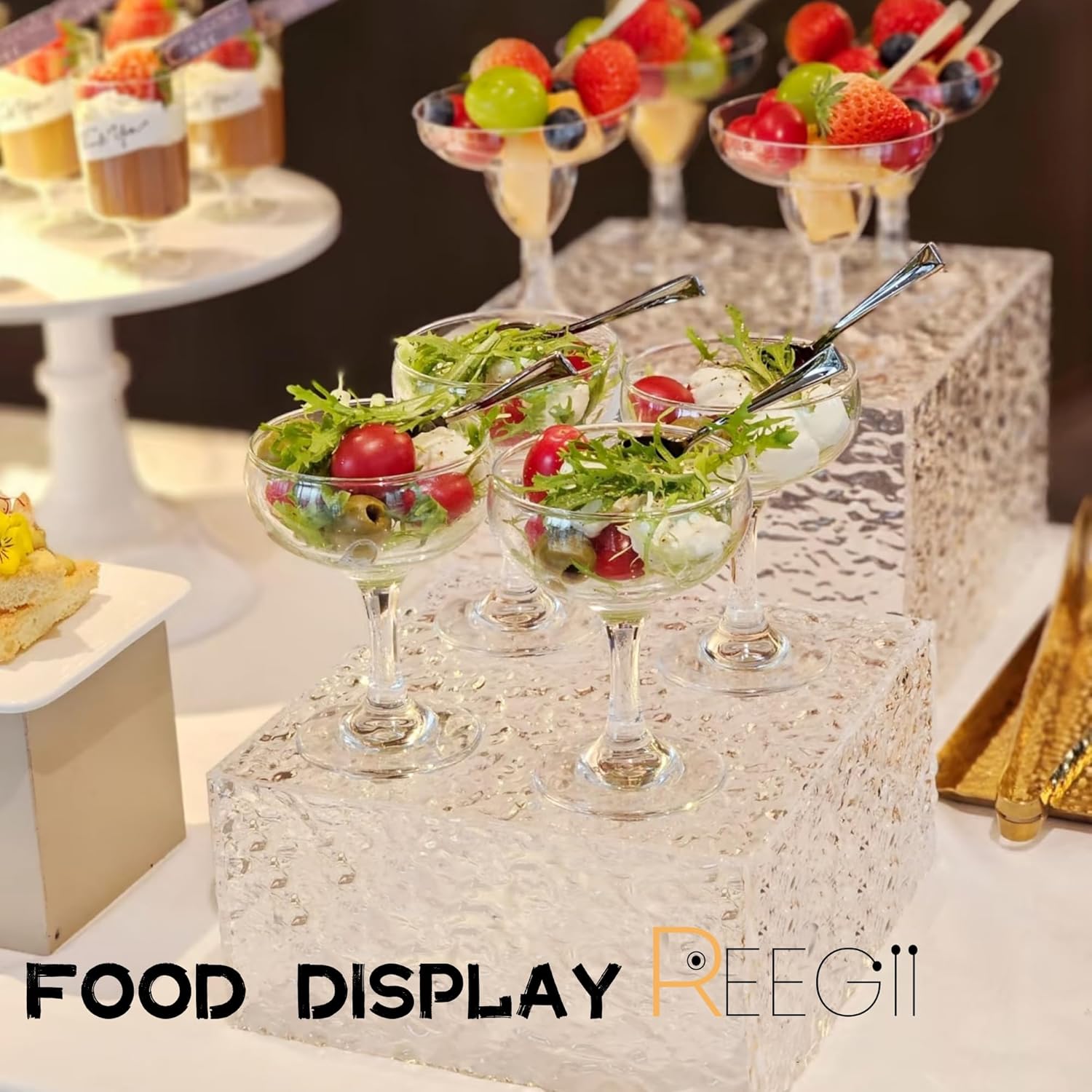4PCS Acrylic Buffet Risers with Mini Signs Display Stand