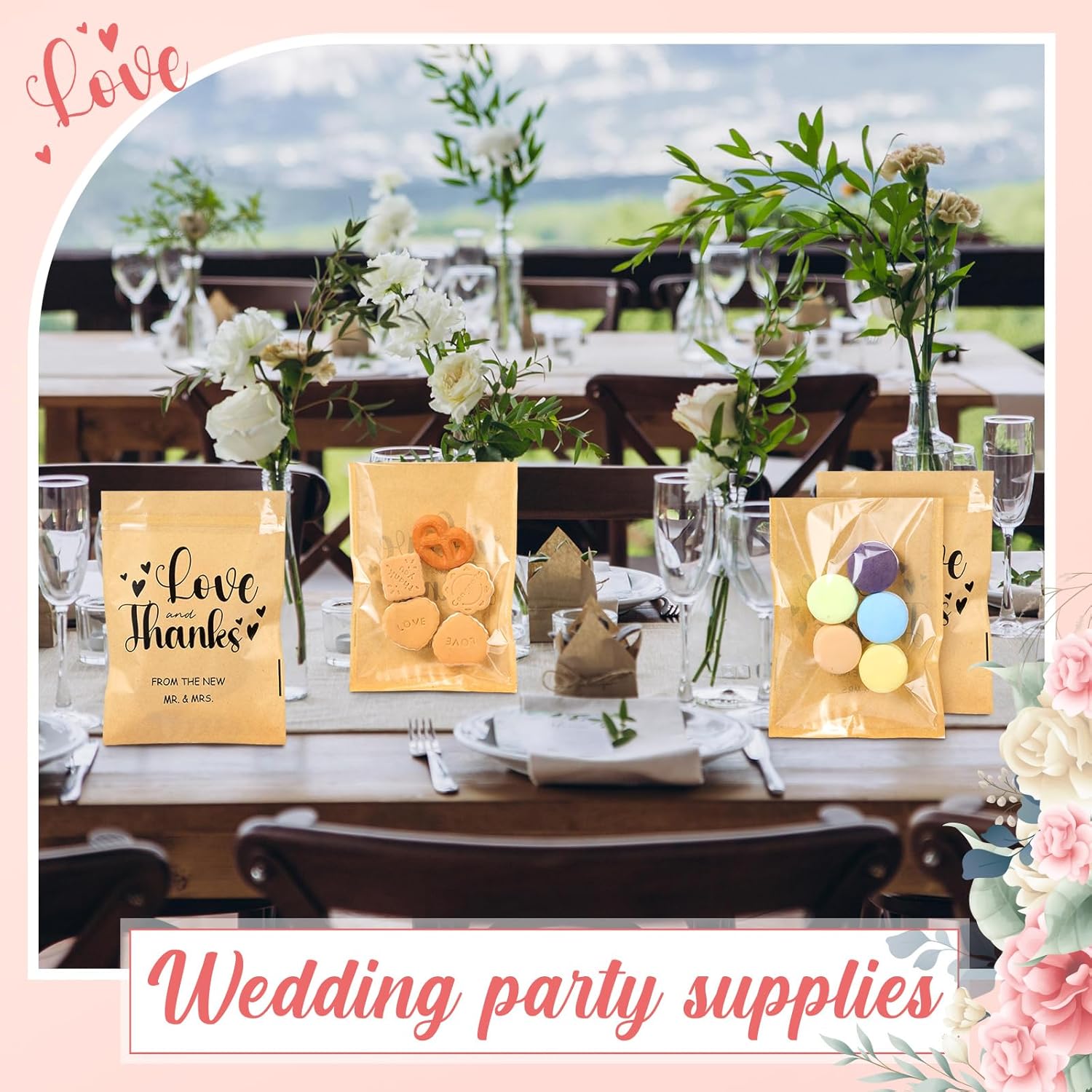 100 Pcs Clear Wedding Cookie Bags with Thank You Kraft Paper