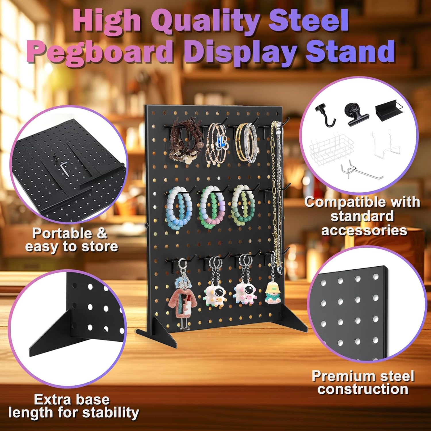 Peg Board Display Stand with 12 Hooks Black Metal Tabletop Organizer