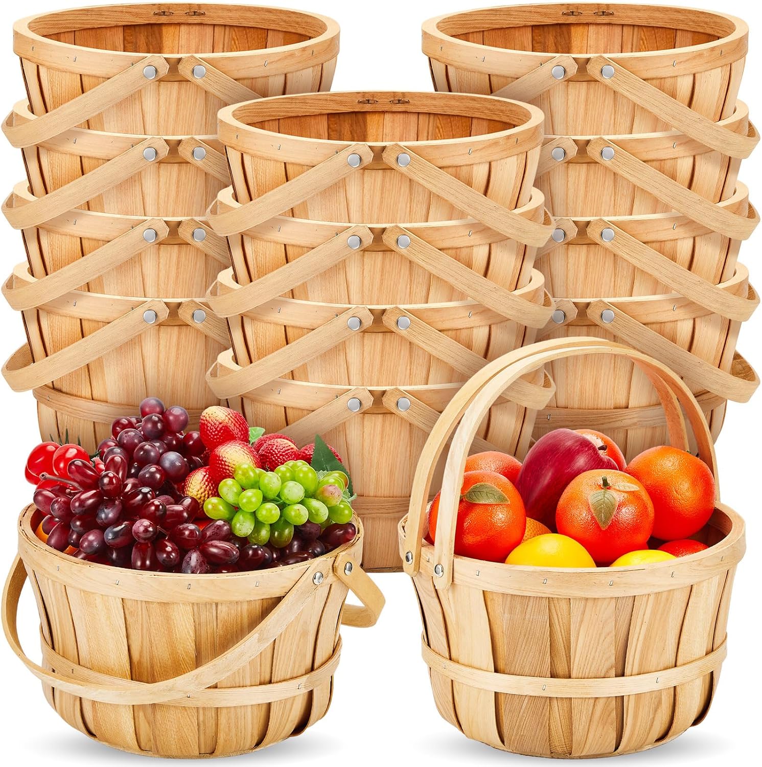 Marsui 16 Pcs Large Wooden Apple Basket 11x65 Wicker Fruit Bushel Baskets with Handle