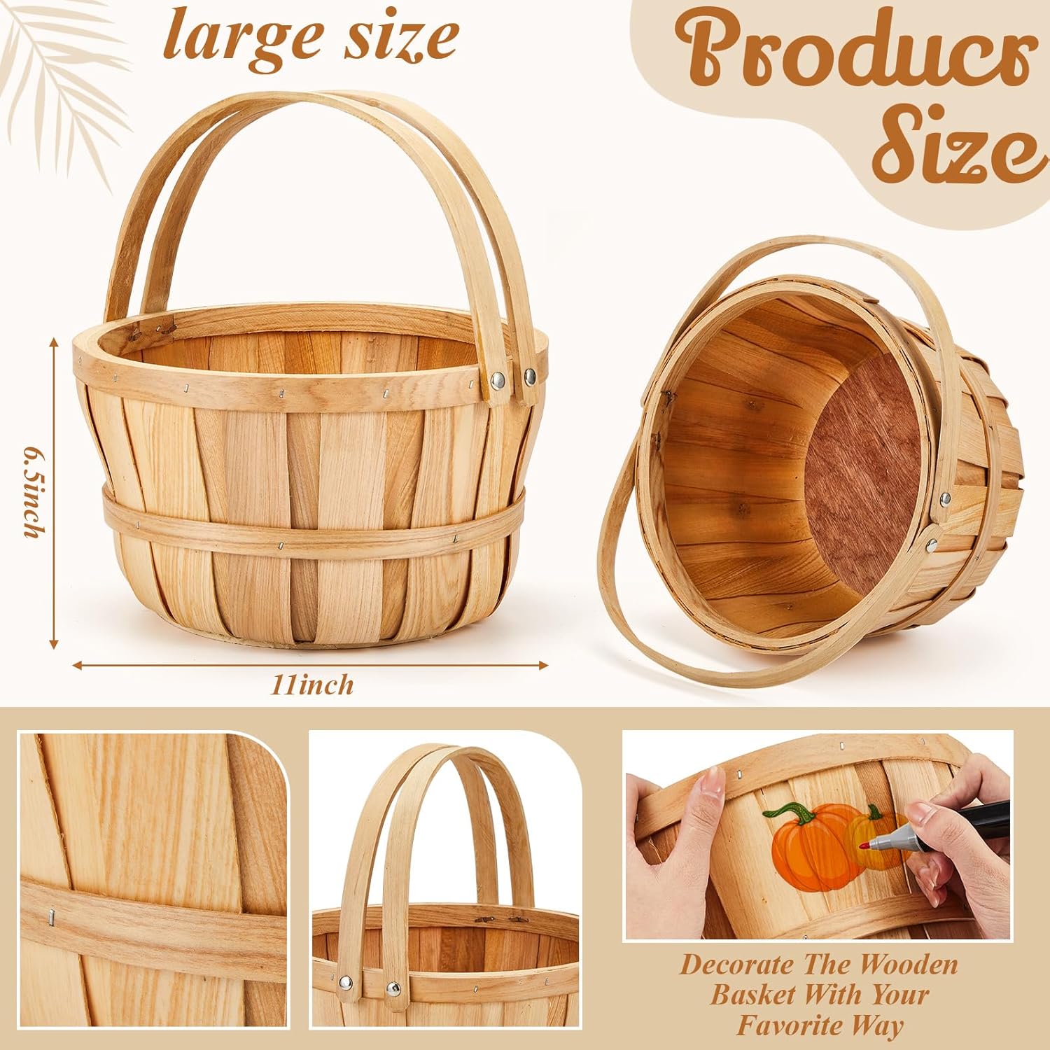 Marsui 16 Pcs Large Wooden Apple Basket 11x65 Wicker Fruit Bushel Baskets with Handle