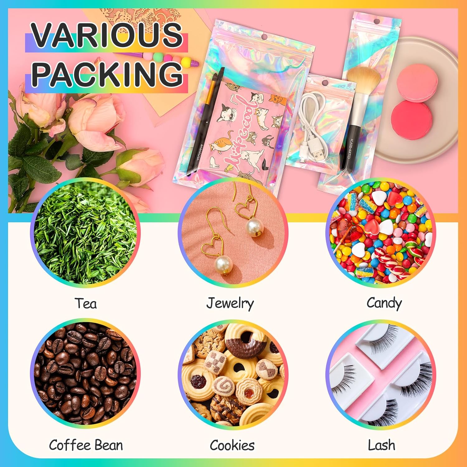 Funfery 100 Pack Clear Smell Proof Holographic Bags with Zipper