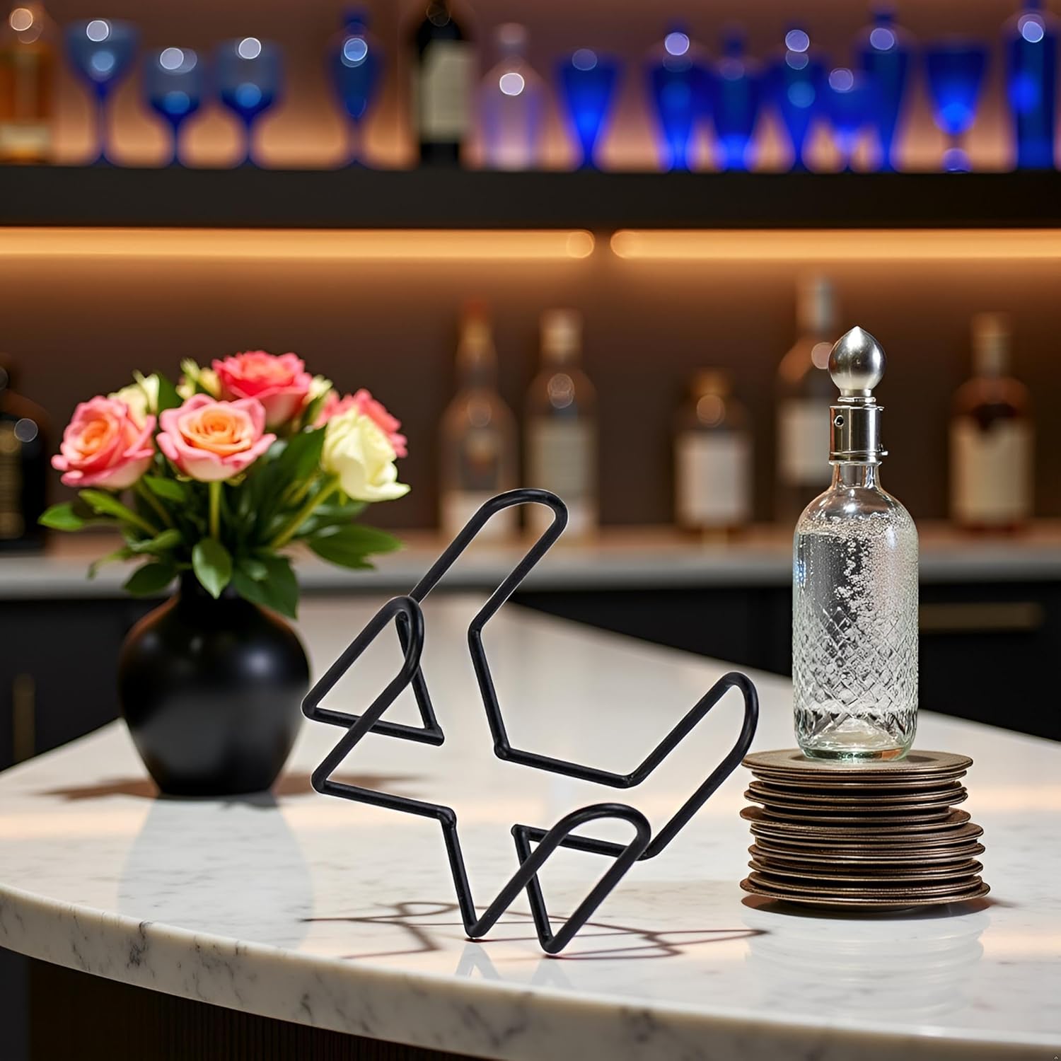 GANPUB Black Iron Coaster Holder Rack Shelf for Round and Square Coasters Bar Storage Organizer