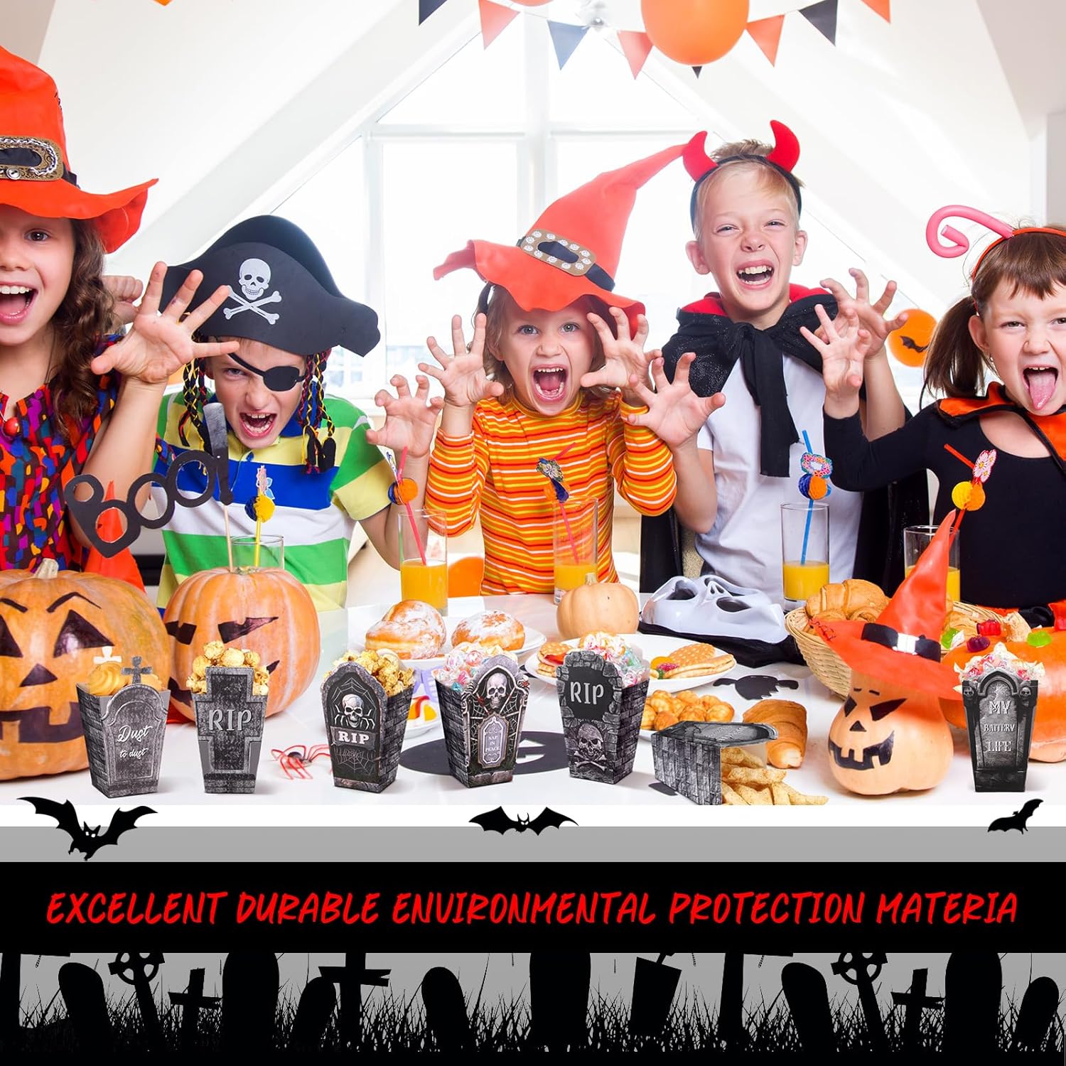 Weekgrat 90 Pcs Halloween Popcorn Boxes with Tombstone Designs