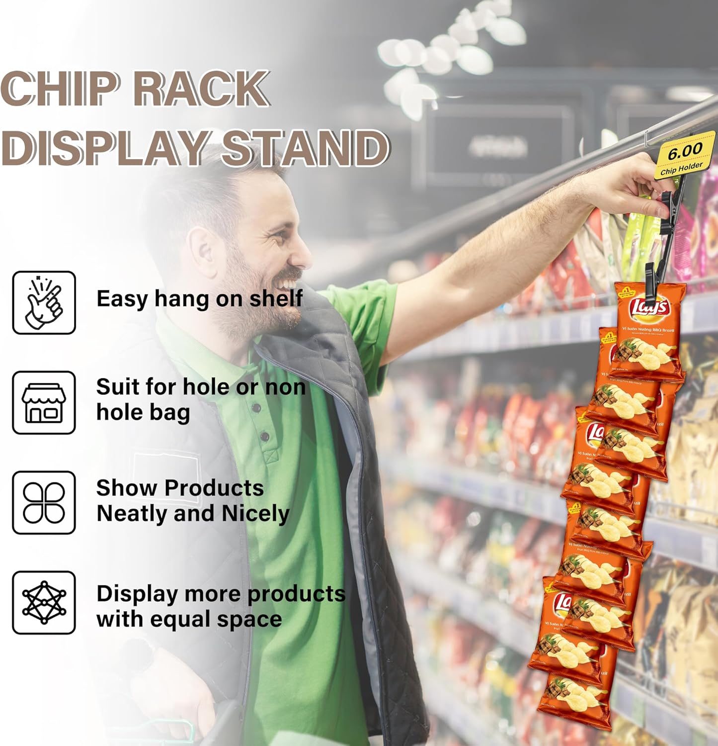 Hanging Chip Display Rack with 12 Clips - 4 Pack Black with Headers