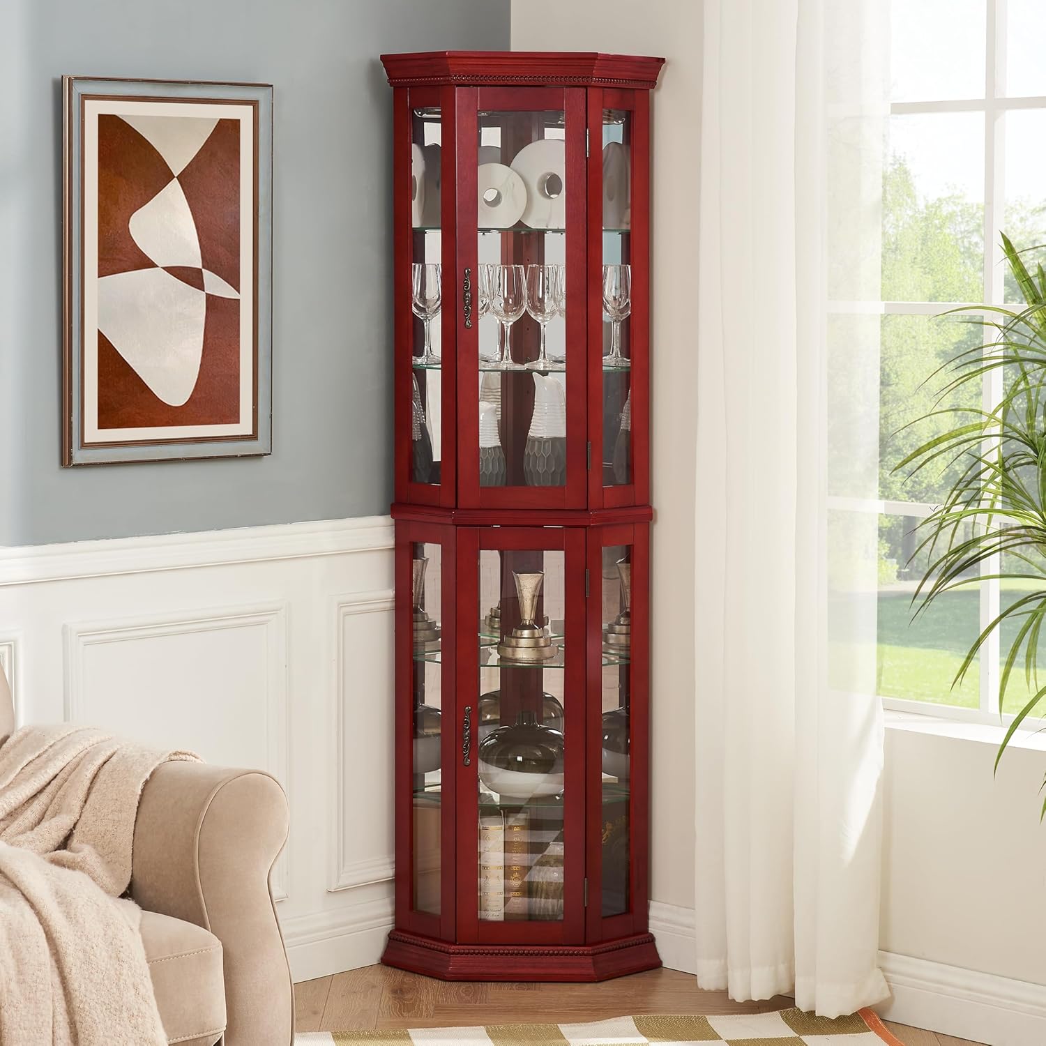 Corner Curio Cabinet with Lights - Adjustable Glass Shelves and Mirror Back