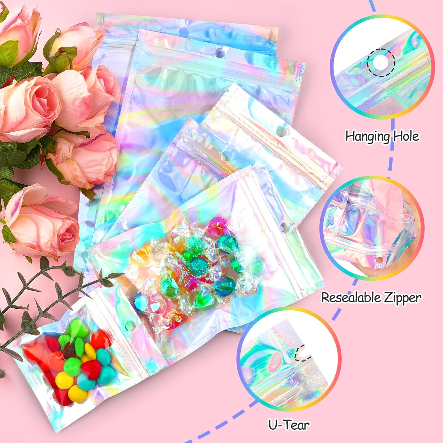 Funfery 100 Pack Clear Smell Proof Holographic Bags with Zipper